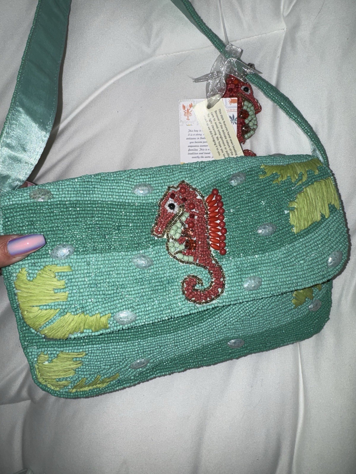 VIRAL Green Beaded Shoulder Bag With Red Seahorse Handmade in India New With Tag