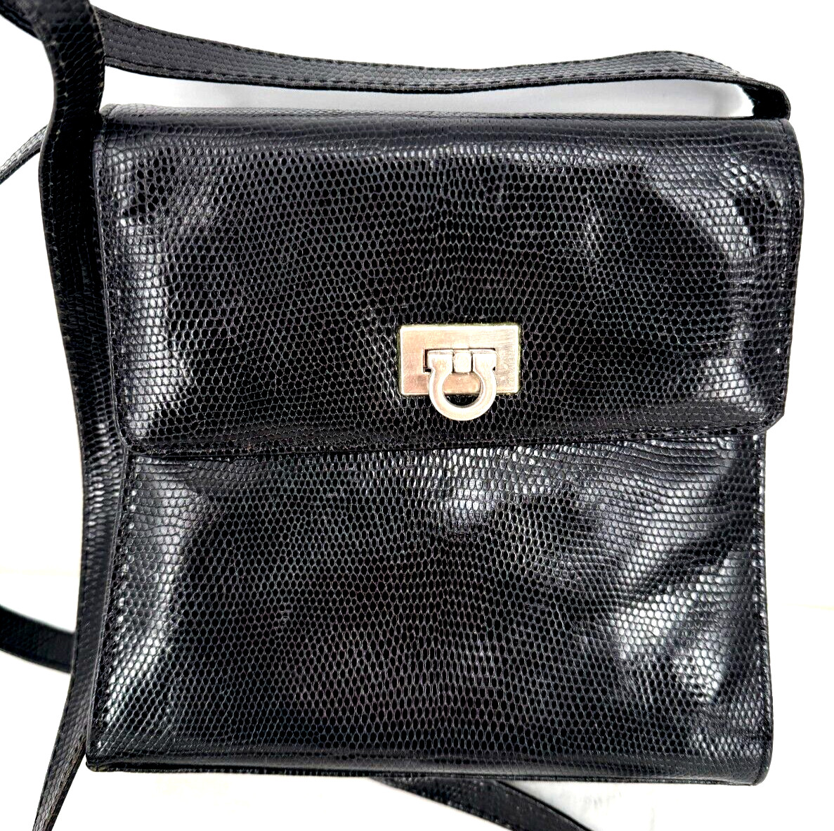 VTG 70s SIMARD & Voyer Black Snake Effect Leather Crossbody Bag Shoulder Purse