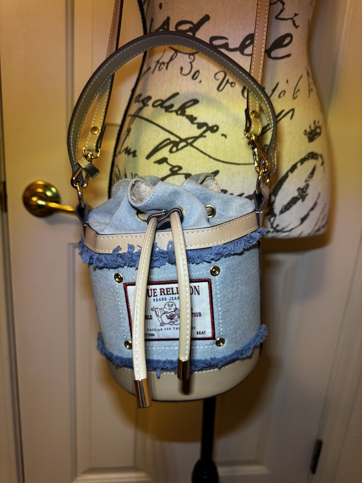 True Religion Buddha Patch Bucket Bag, light blue/beige, fringe