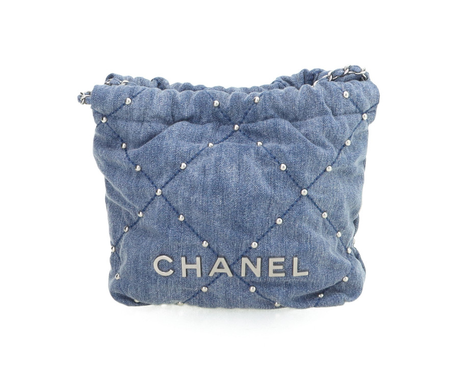 CHANEL 22 Mini Handbag Blue Denim Silver Pearl Stud 24S AS3980