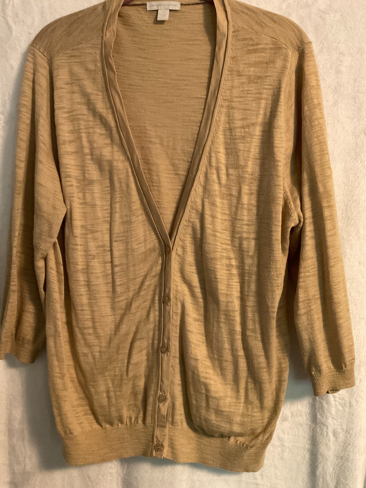 New York & Company Beige Cotton Acrylic 3/4 Length Button Down Sweater