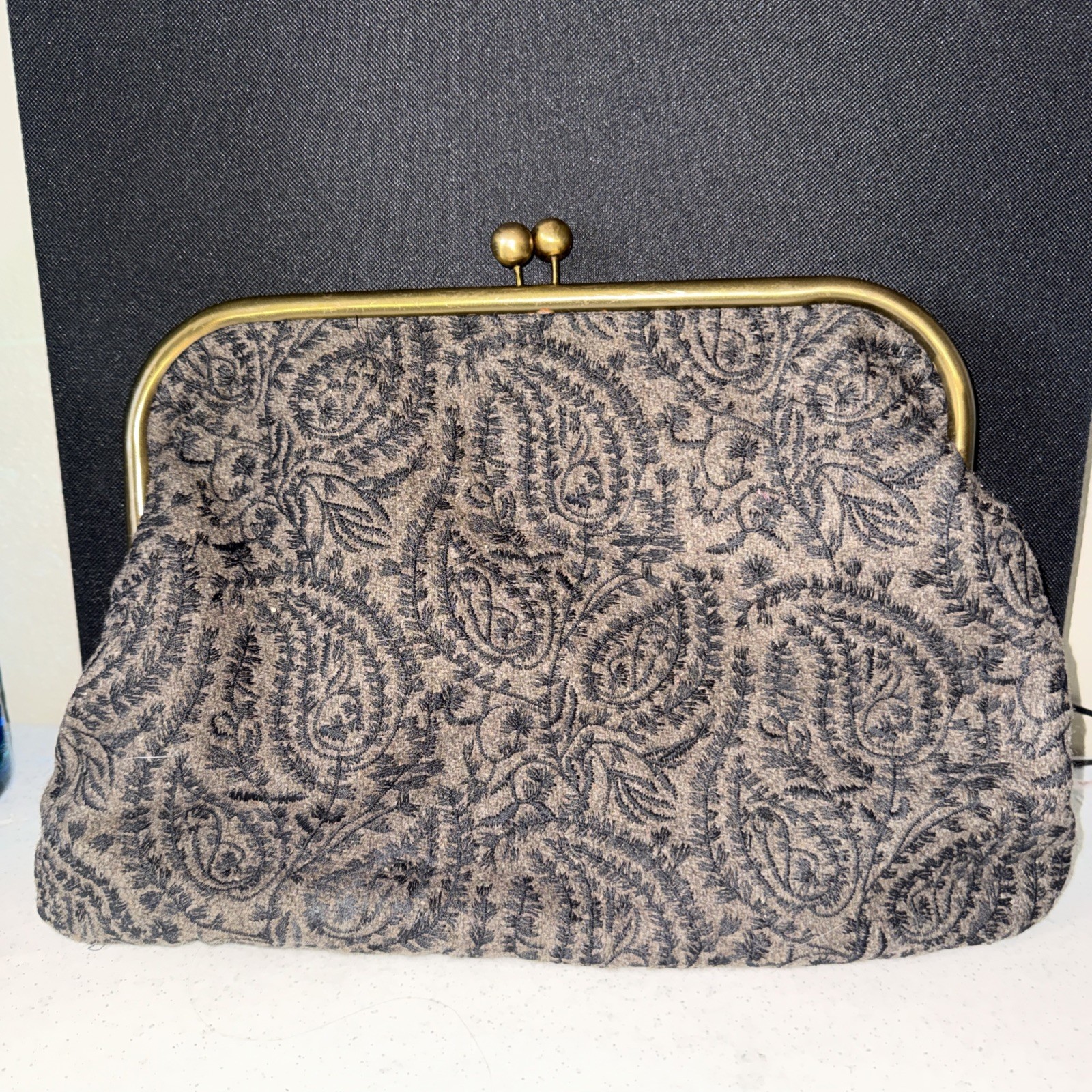 Jigsaw Fabric Paisley Large Clutch Purse | Black Brown Winter Wool Blend B