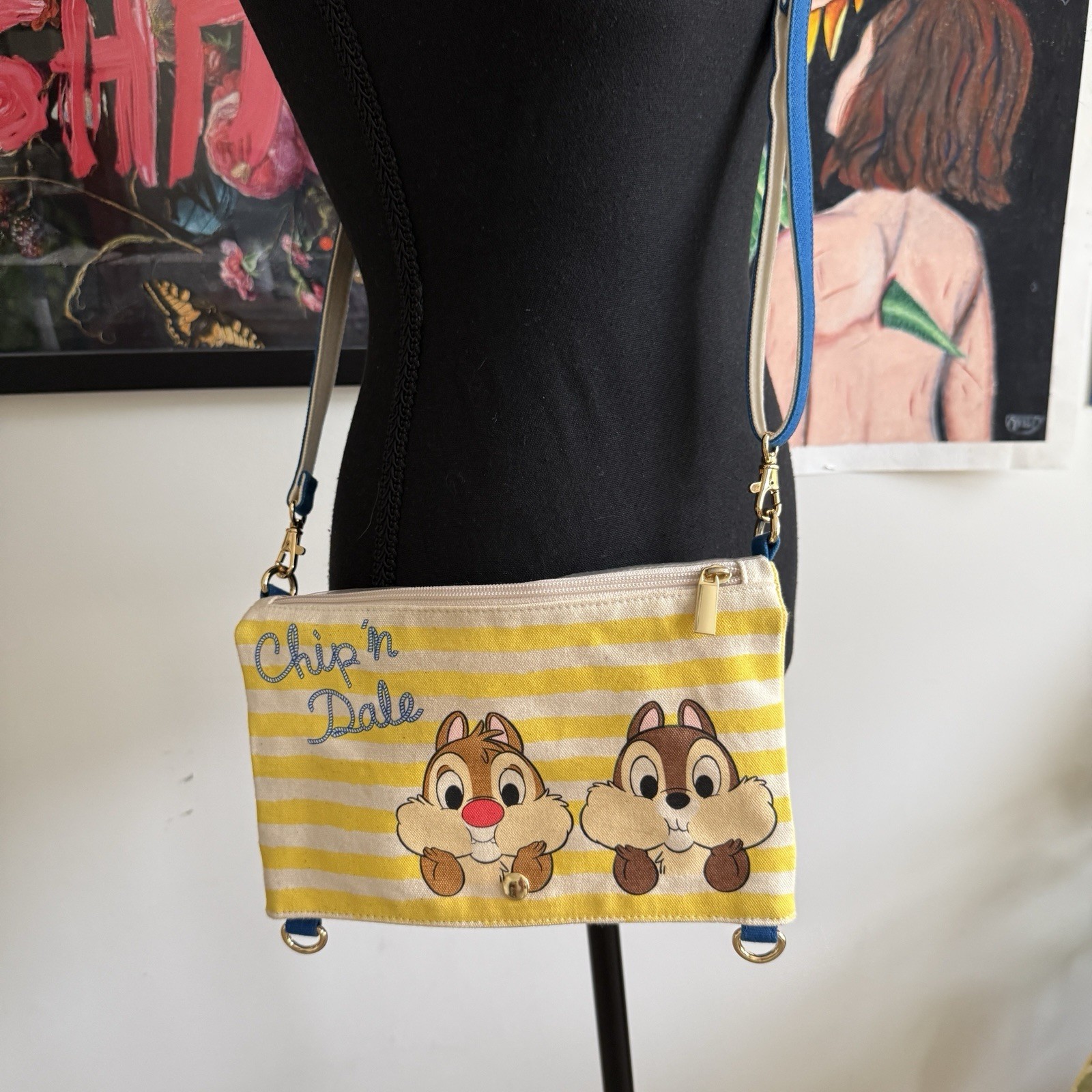 Disney Store Chip n Dale Crossbody Canvas Yellow Blue Stripe Convertible Purse
