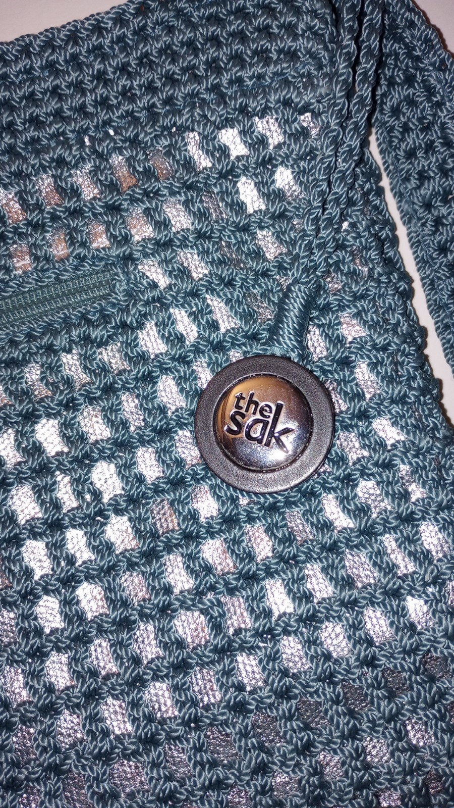 The Sak Blue Crochet Shoulder Bag Zip Closure Logo Button Inner Pockets