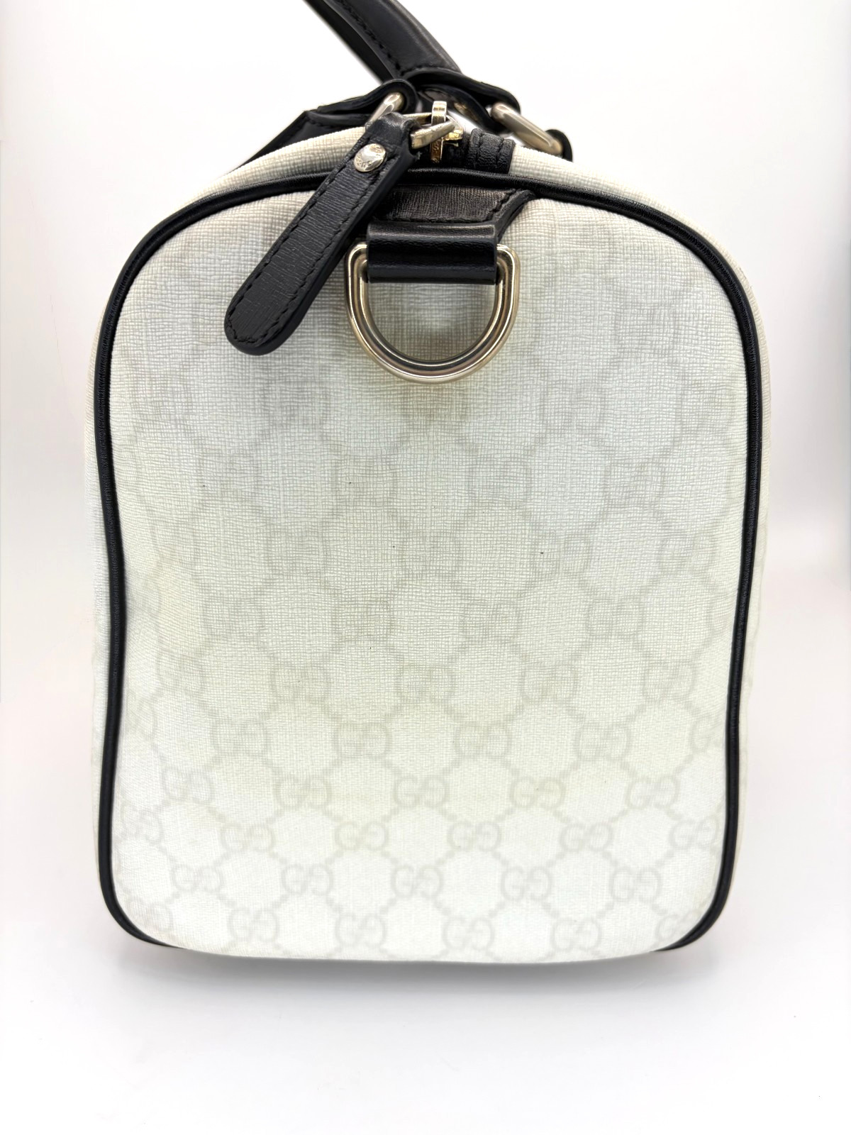 GUCCI Joy Boston Bag GG Supreme Medium White Canvas Satchel Black Leather Trim