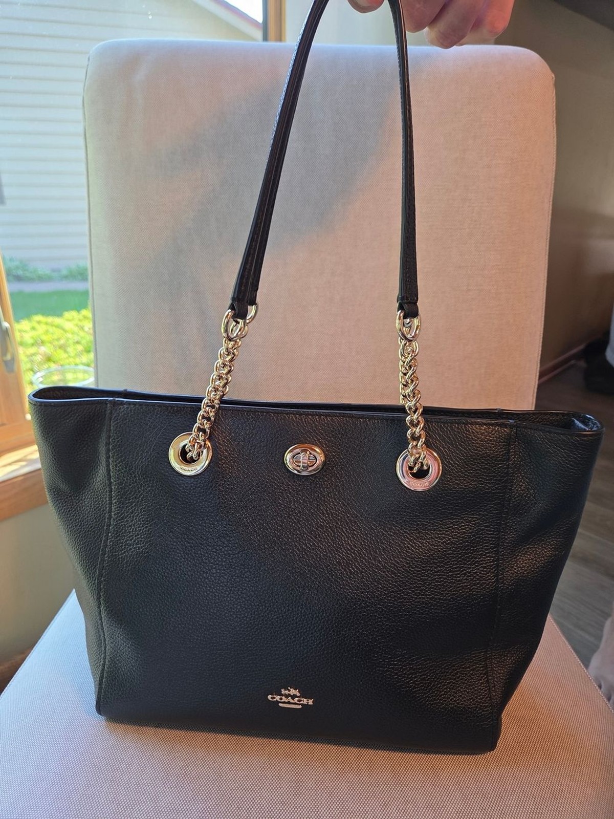 COACH Black Pebbled Leather Turnlock Chain Tote Bag 27 – Style 57107