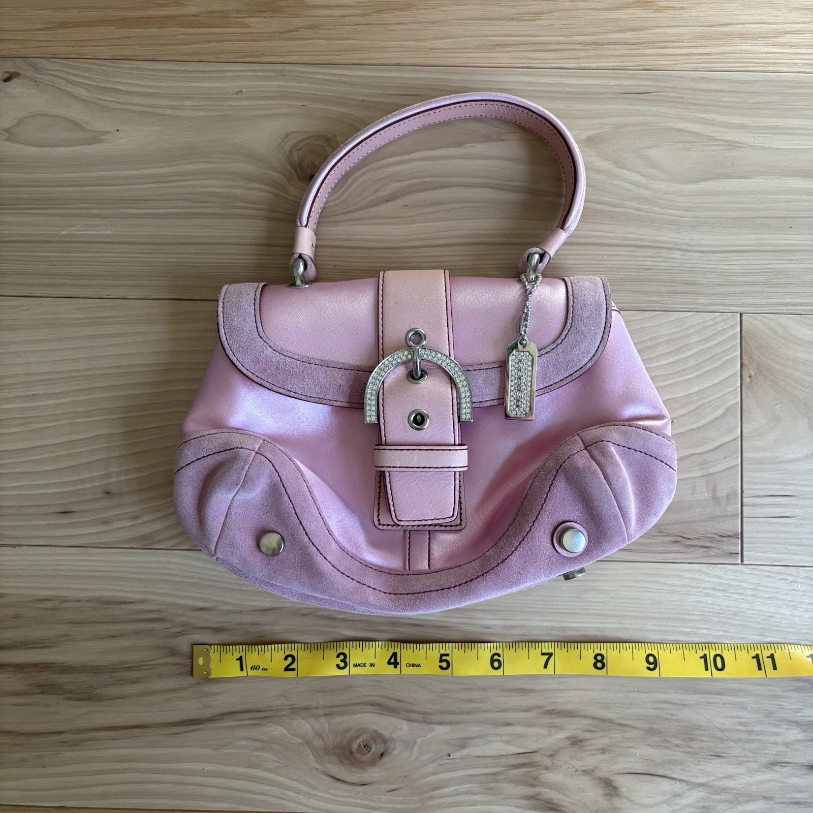 authentic y2k vintage coach baby pink leather and satin handbag – silver details