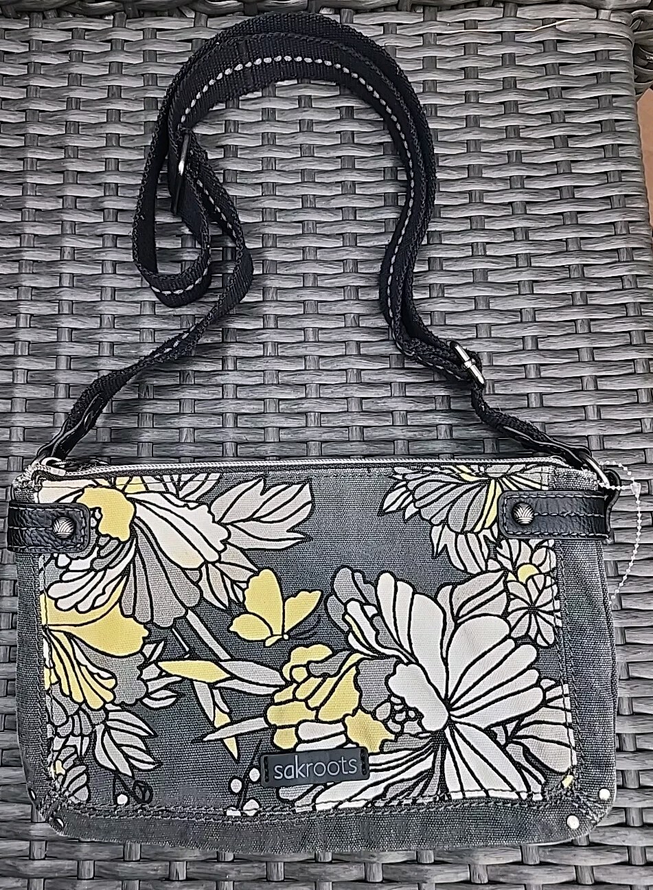 Sakroots Gray/Yellow Flower Blossom Crossbody Purse Canvas Excellent!