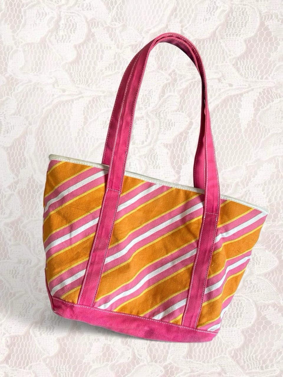 Vintage Bath & Body Works Pink Orange Striped Tote, Snap Closure, Lined, Pockets