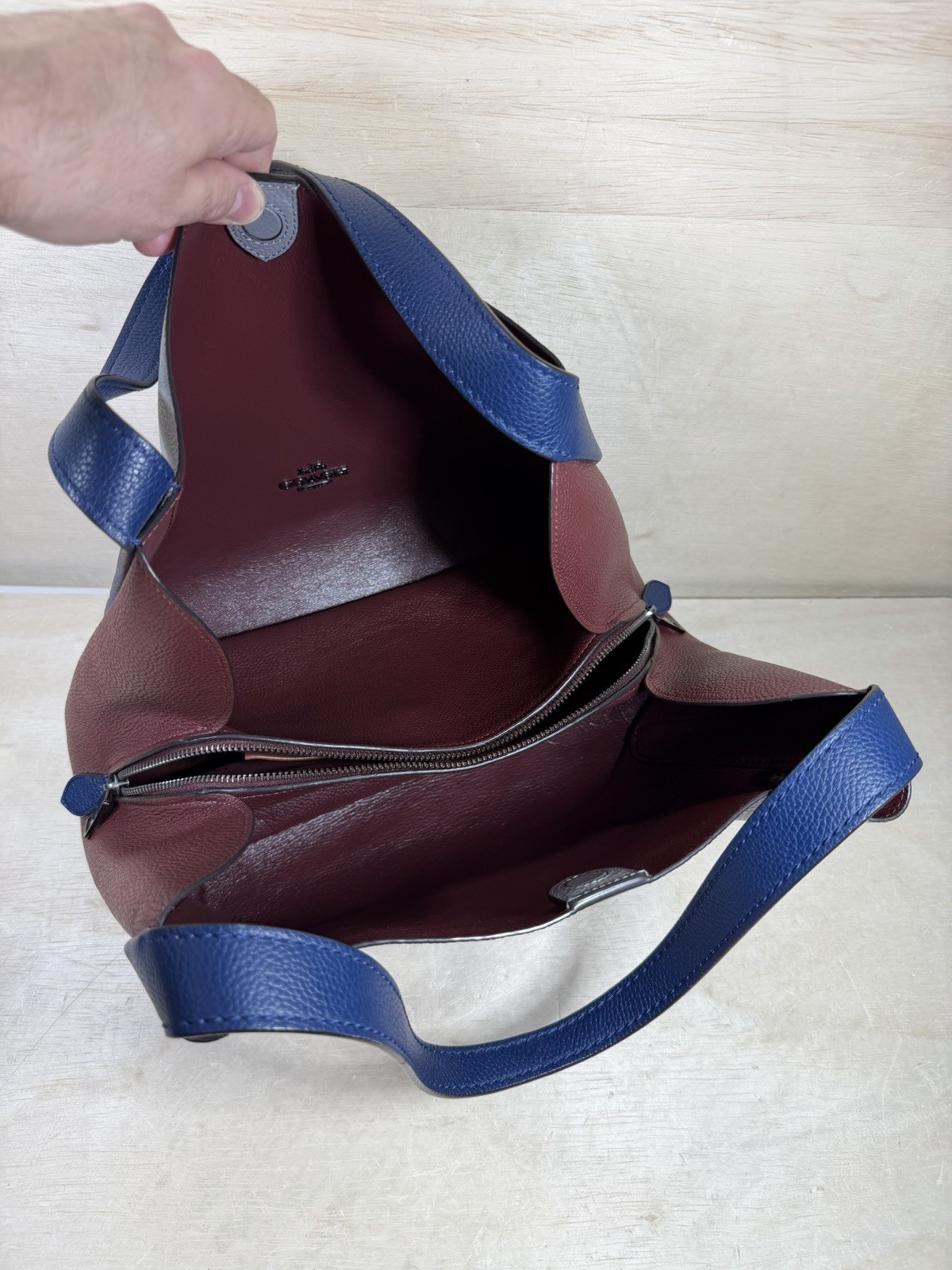 Coach 76088 Hadley Hobo Color-block Soft Pebbled Leather Shoulder Bag Grey Blue