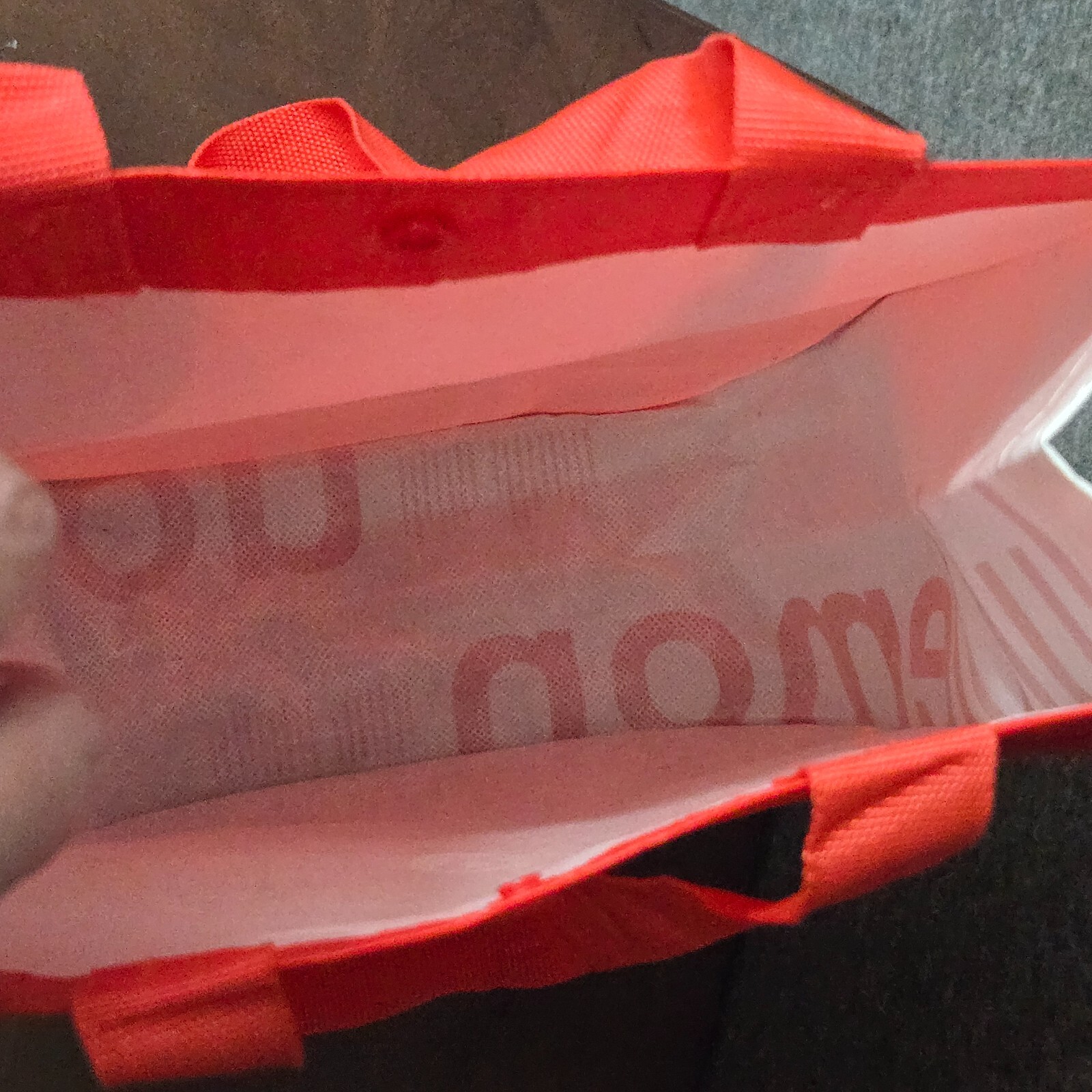 Lululemon Small Reusable Shopping Tote Bag Snap Button Red and White 9″ x 12″
