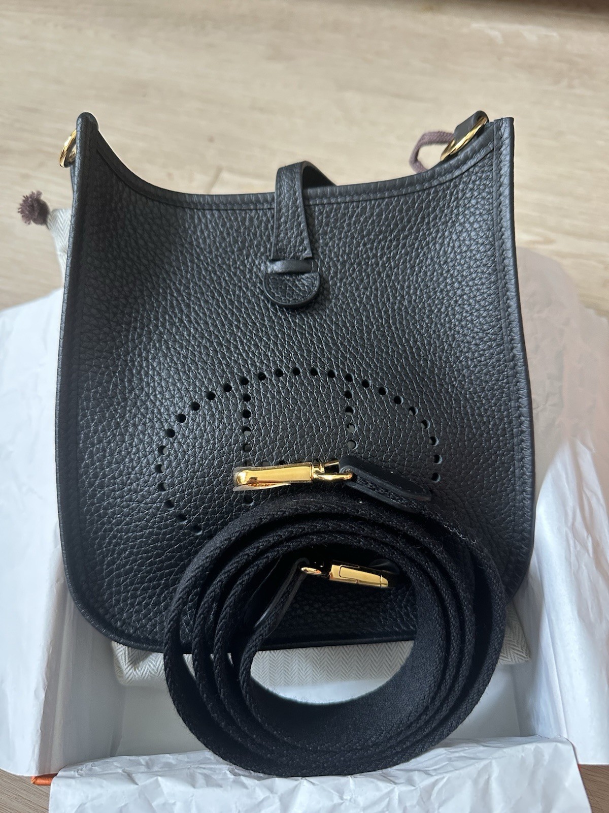 NEW w/ Receipt HERMES Black Clememce GHW Mini Evelyne TPM, Stamp G-2026