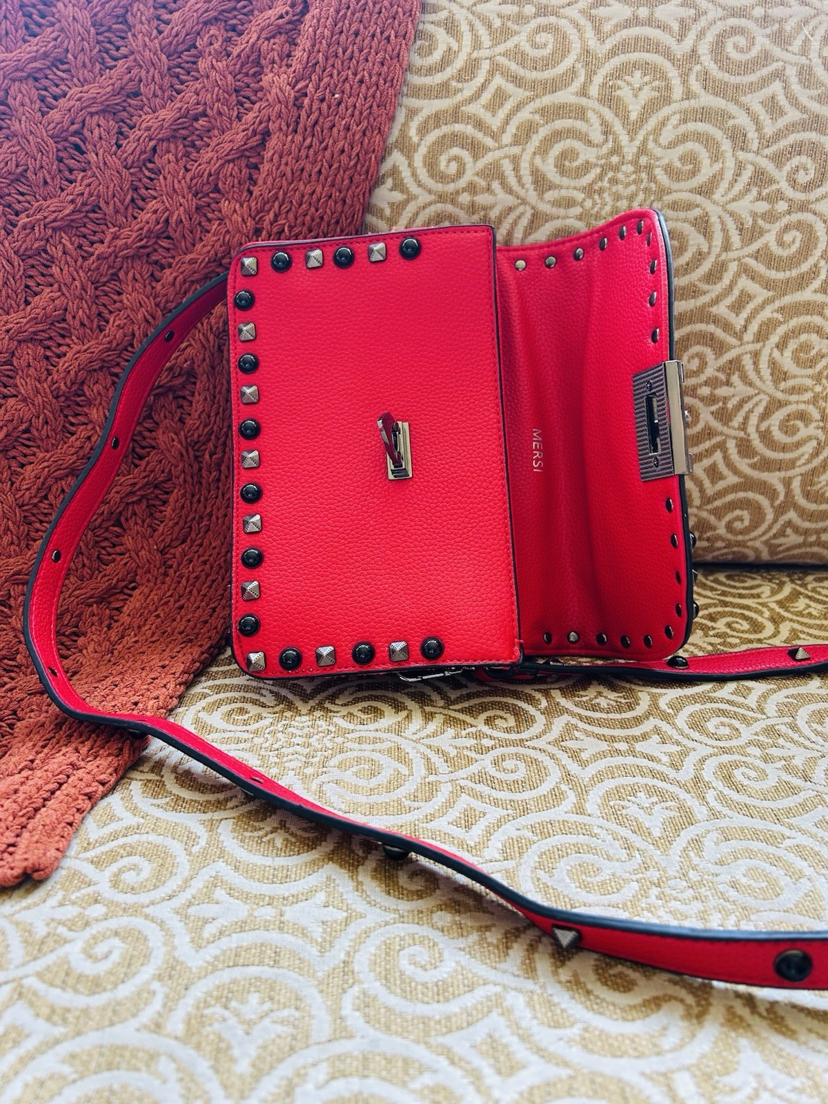 MERSI Red Studded Shoulder Bag Pebbled Leather Silver Hardware Rectangle