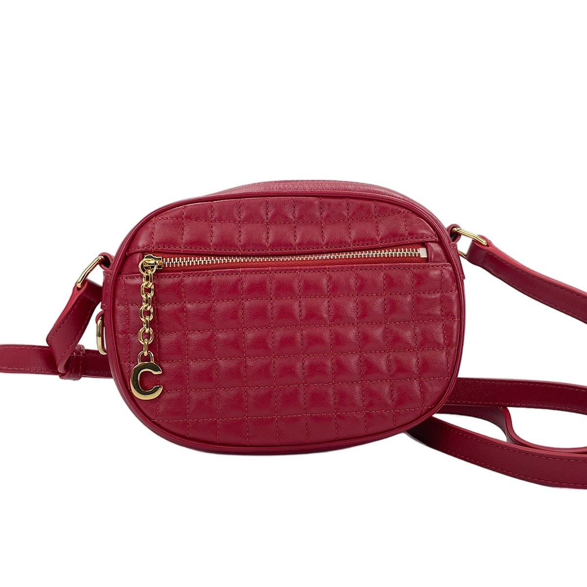 Authentic CELINE Leather C-charm small Shoulder Bag Red WS30135