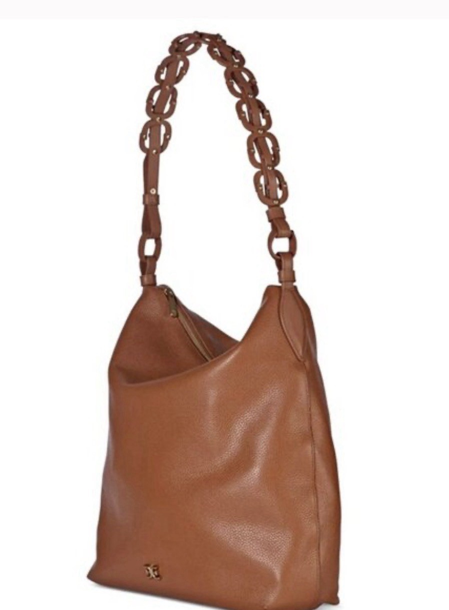 Sam Edelman Hobo Bag Bay Large Genuine Leather Chainlink Shoulder Caramel/Brown