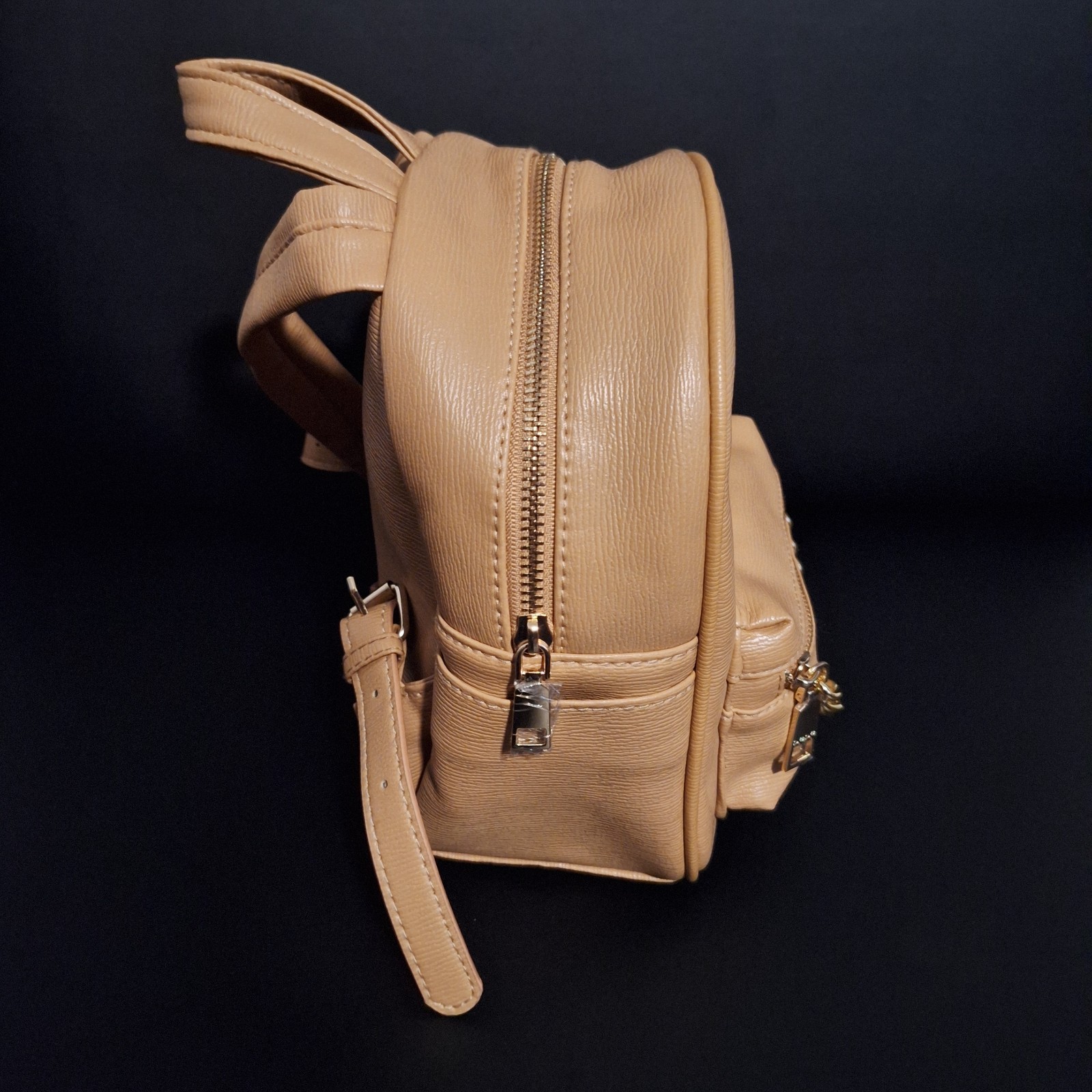 Bebe Logo Mini Backpack Tan Faux Leather Gold Chain Zip Front Pocket Women