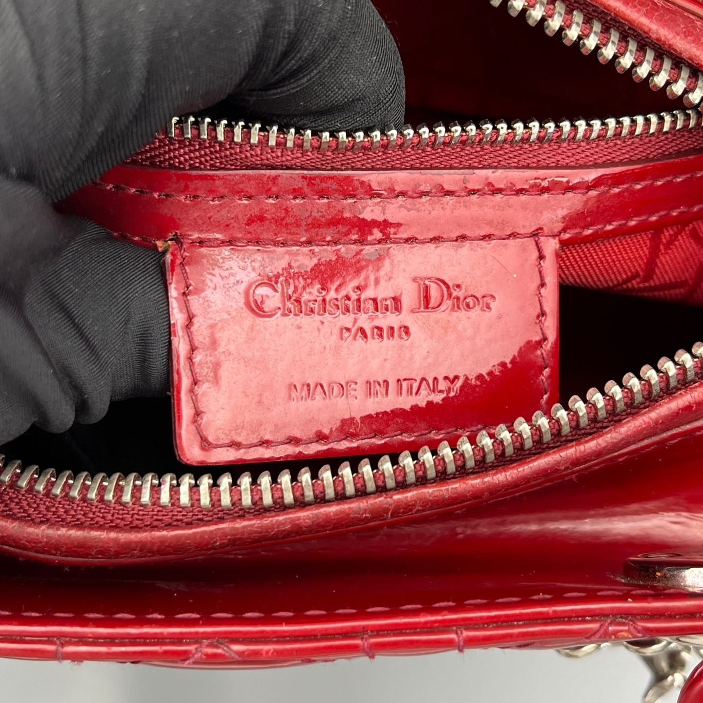 AUTH DIOR Lady Dior Medium Red Patent Leather Top Handle Bag.