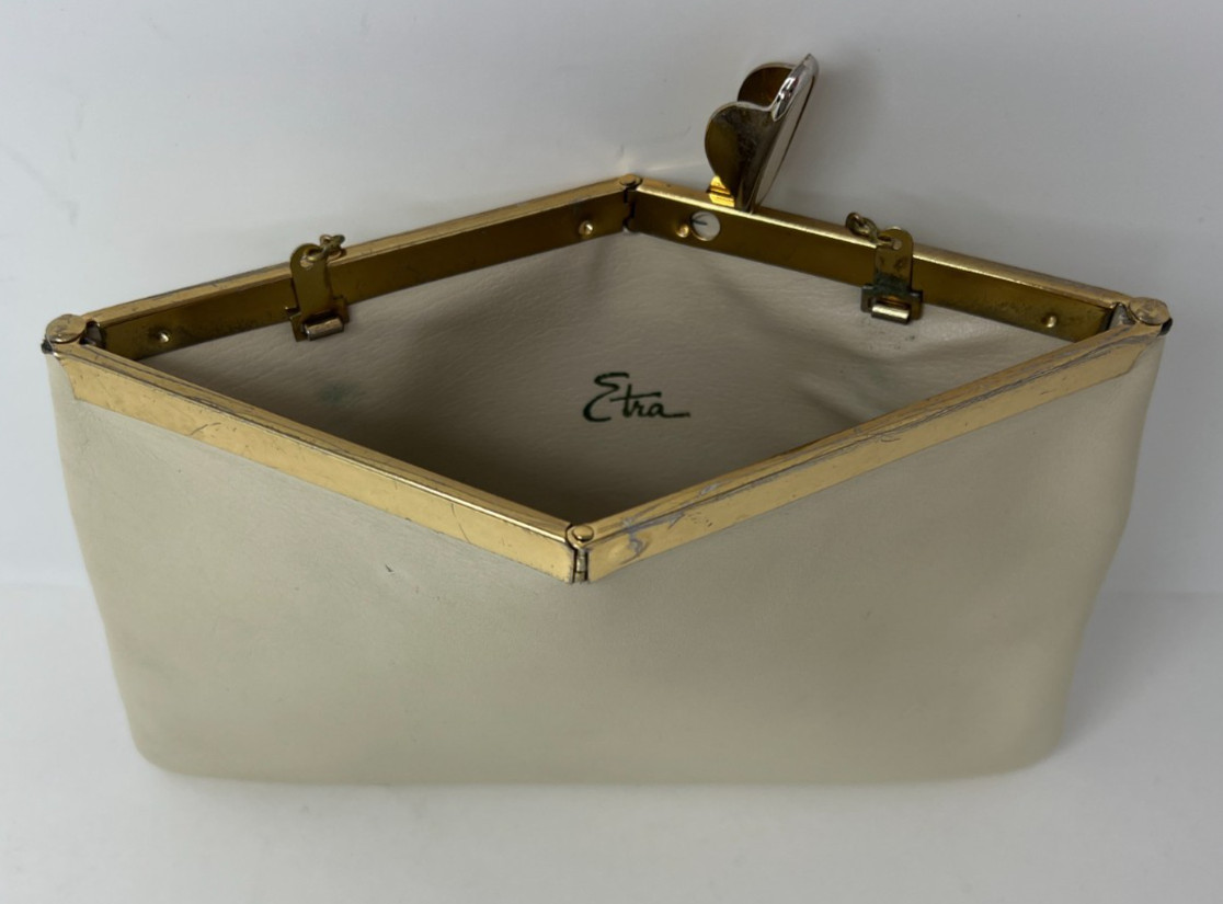 Vintage Etra Off White Clutch Envelope Purse Evening Bag Gold Tone Strap