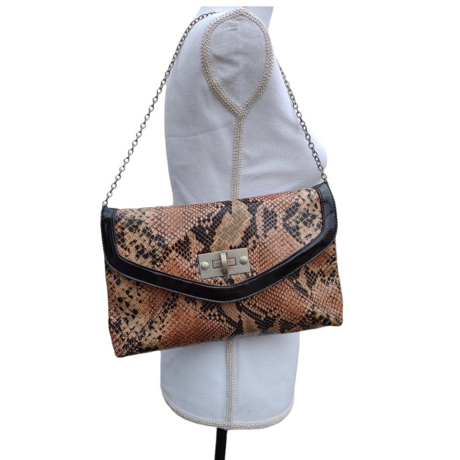 Y2K Vintage Faux Snakeskin Clutch Purse w/ Chain Handbag Shoulder Bag Retro 90s