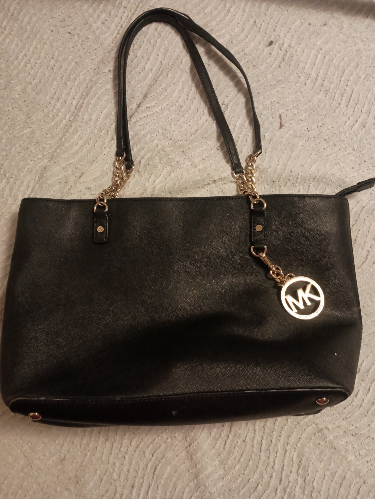 Michael Kors Susannah Black Saffiano Leather Tote Bag w/ Gold Tones Chains