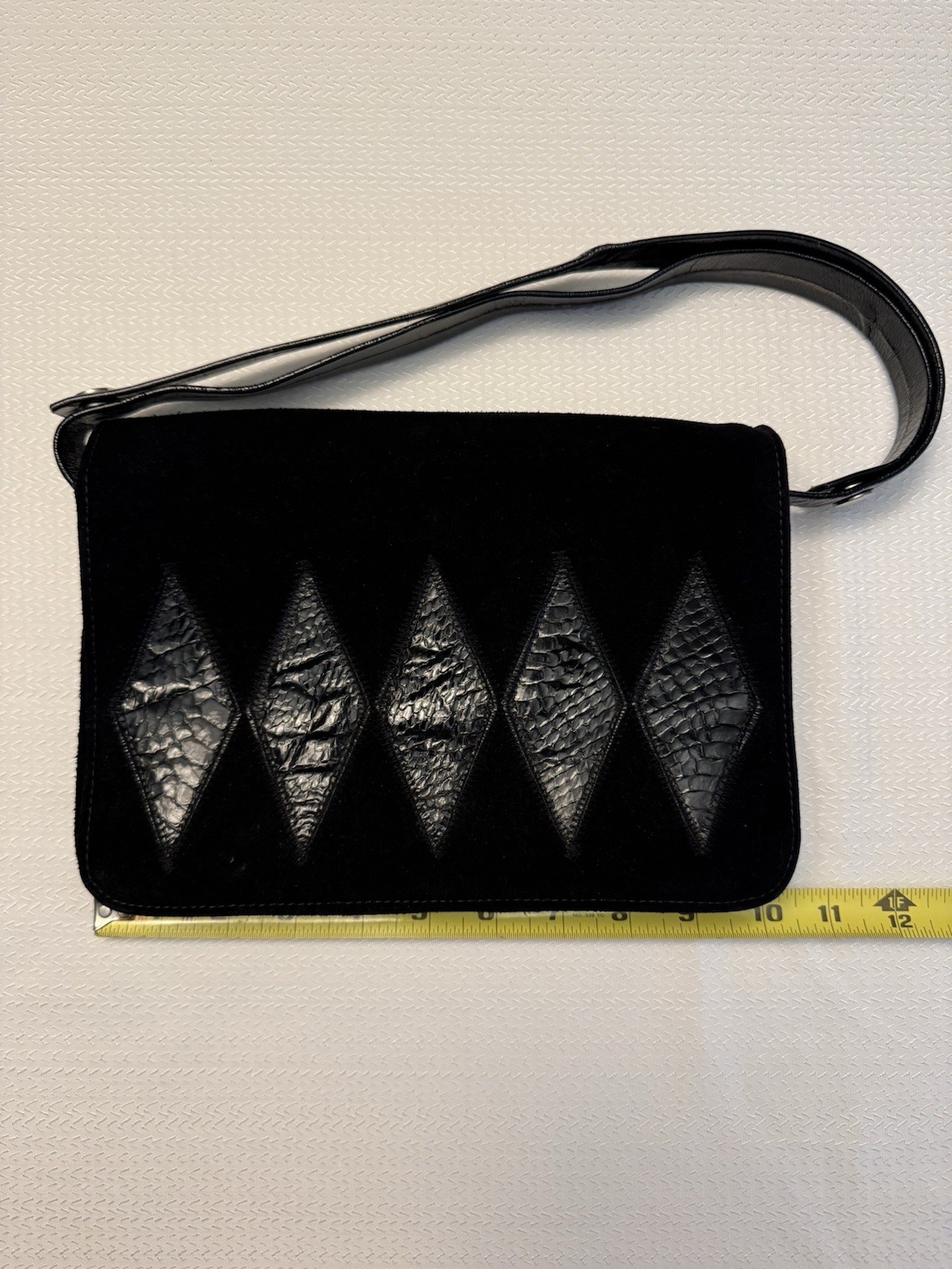 VINTAGE Black Suede Bag Purse Latch Flap Multi-Comparts Green Lined Silver HW