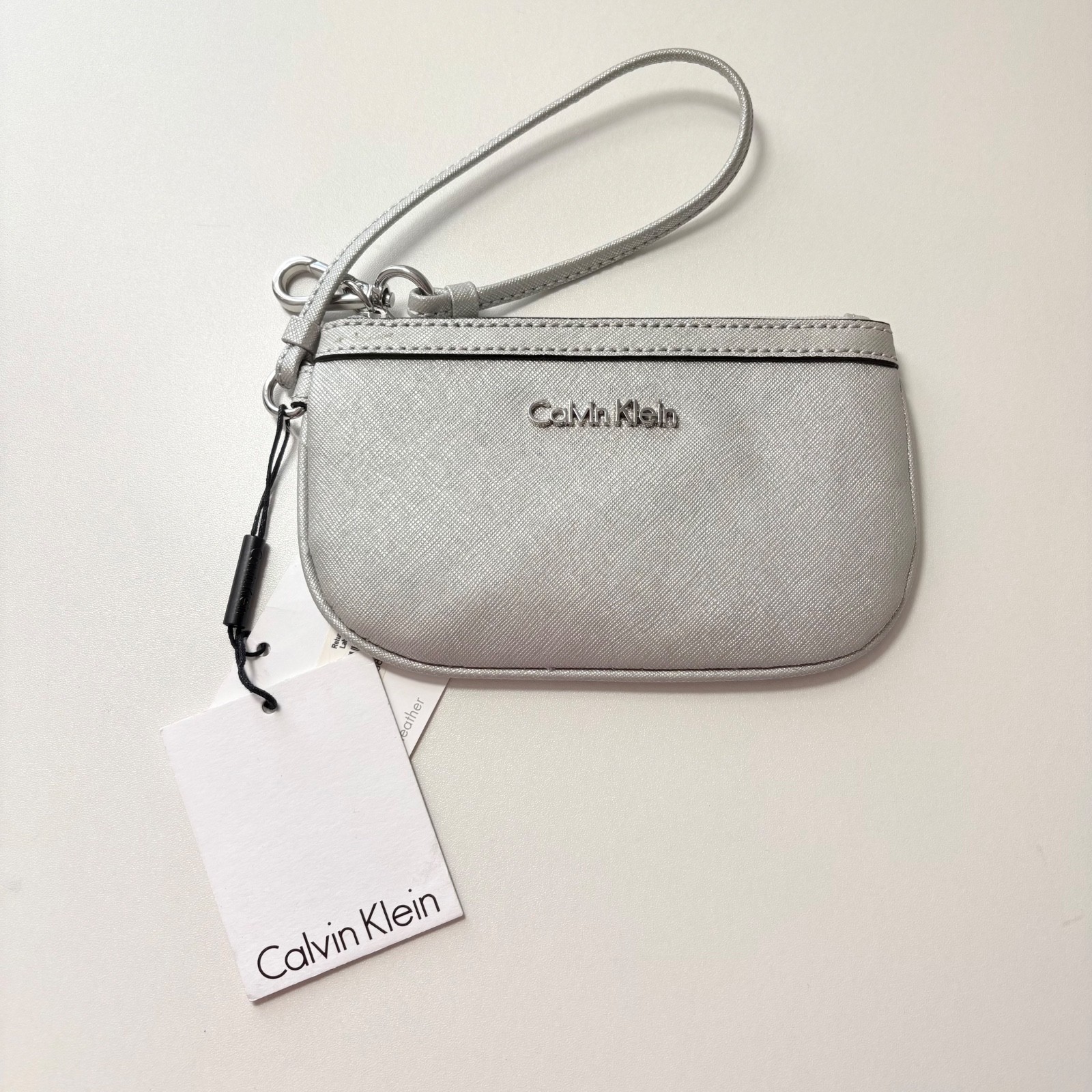 NEW Calvin Klein Dove Gray Saffiano Leather Silver Metallic Wristlet MSRP $48