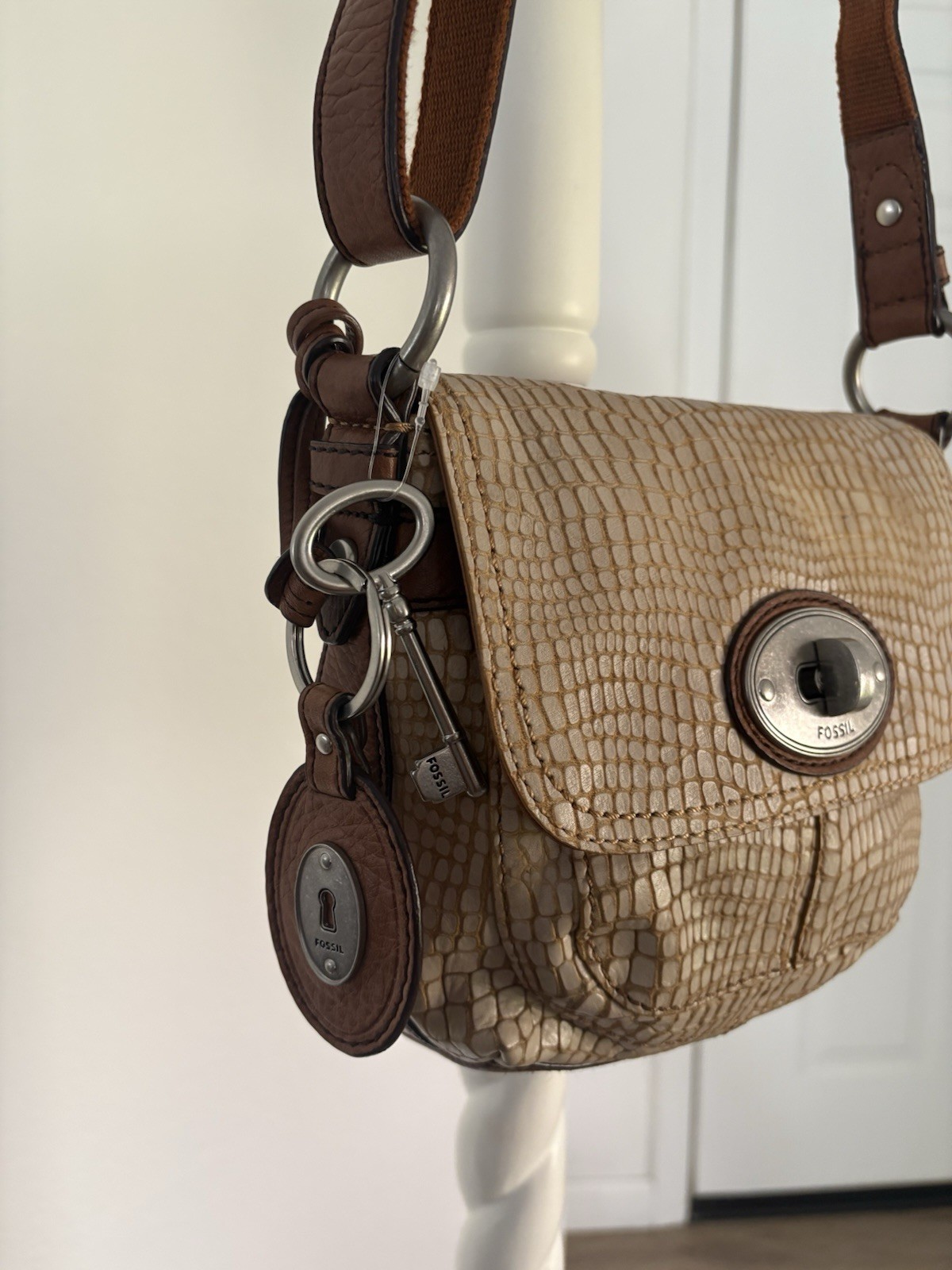 Fossil Beige Animal Print Shoulder Bag with Turn Lock, Key Charm & Brown Strap