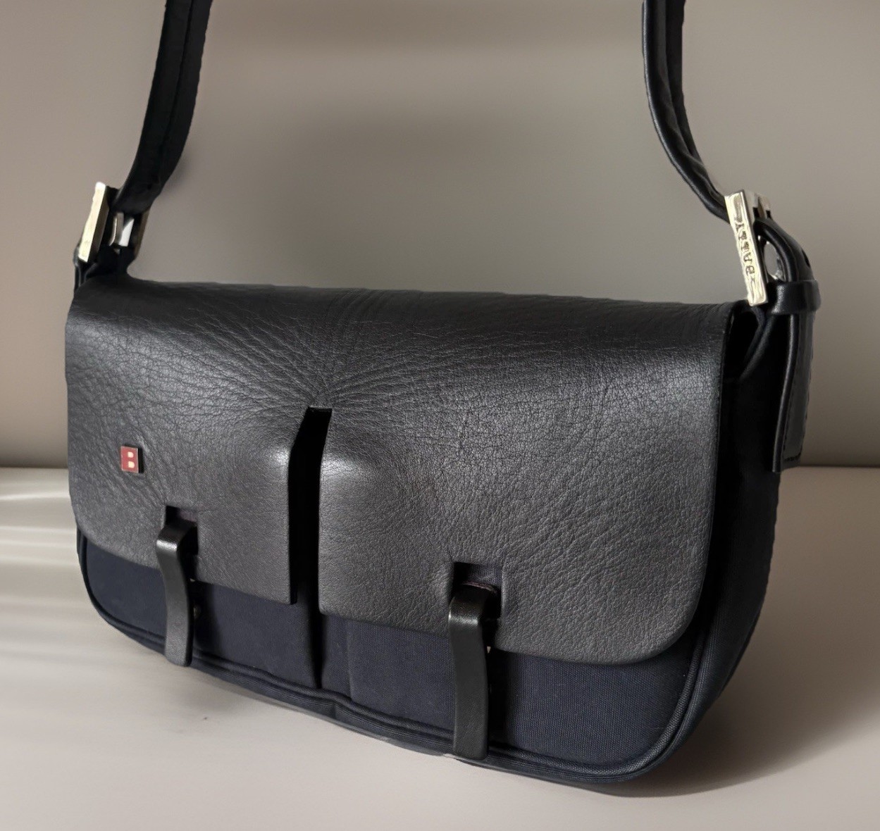 Authentic Bally Handbag Black Navy Leather canvas From Japan 01086