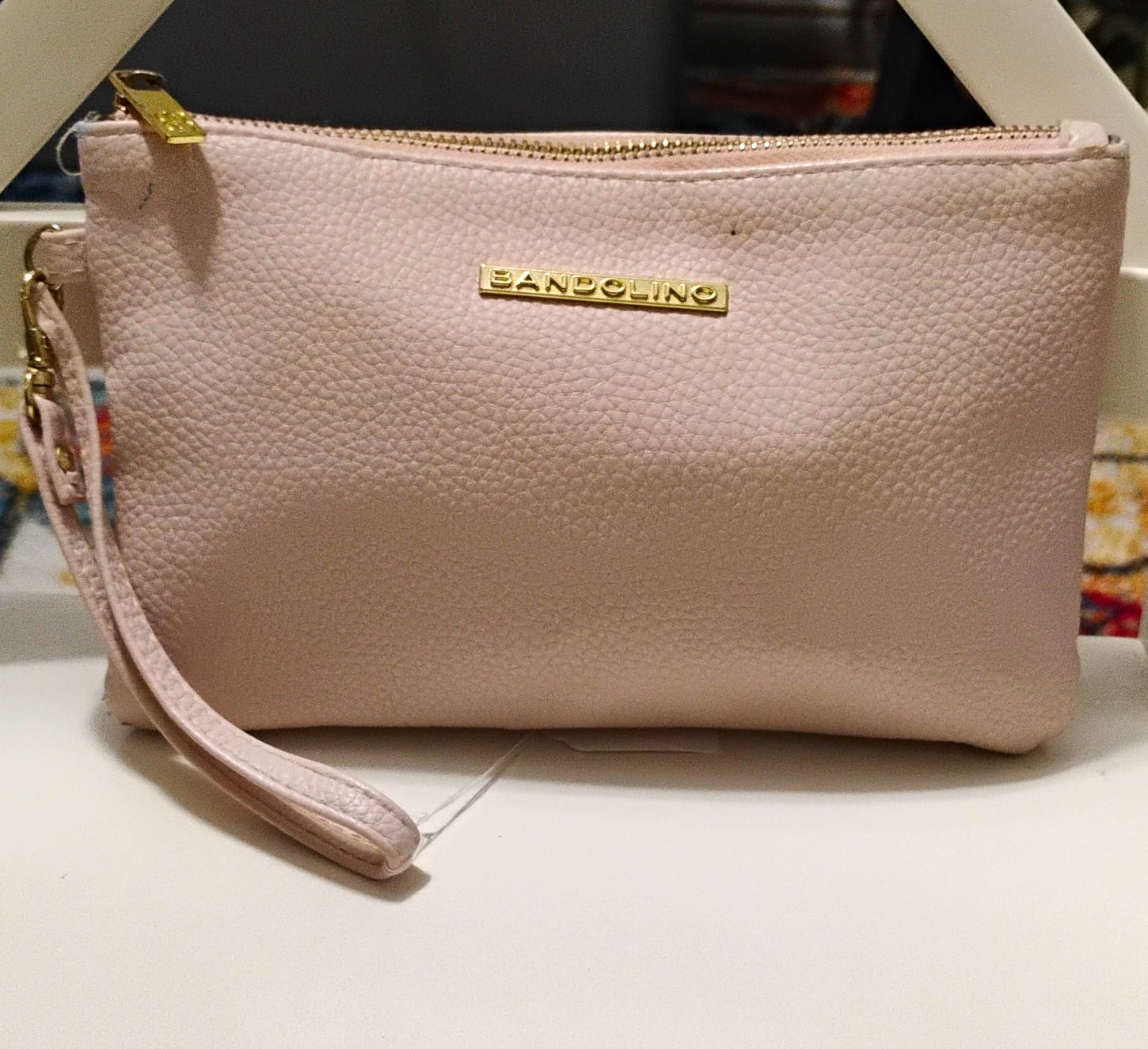 Bandolino Pink Pebbled Wristlet Zip Pouch Pink Strap Gold Hardware