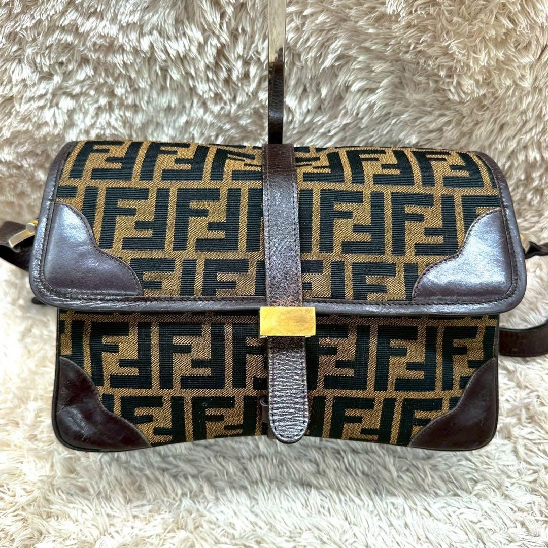 Fendi Zucca FF Monogram Shoulder Bag Vintage Classic Flap Canvas Leather Brown