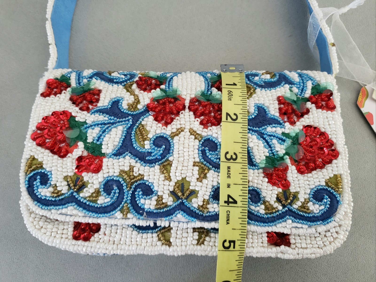 Handcrafted in India Raspberry Vine Beaded Sequin Shoulder Bag White Blue Red