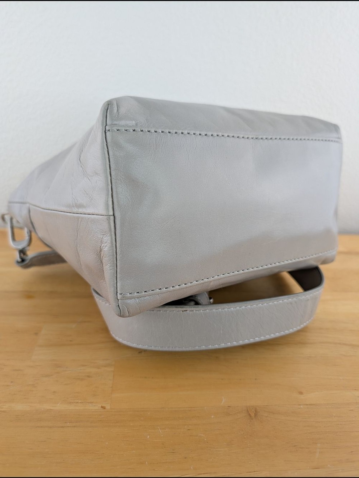 Hobo Gray Smooth Leather Crossbody Bag Clutch Wide Strap Silver Toned Hardware