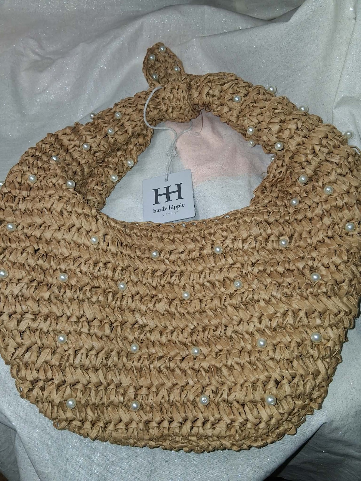 NWT Haute Hippie Beaded Hobo Boho Bag Natural with Pearl Accents