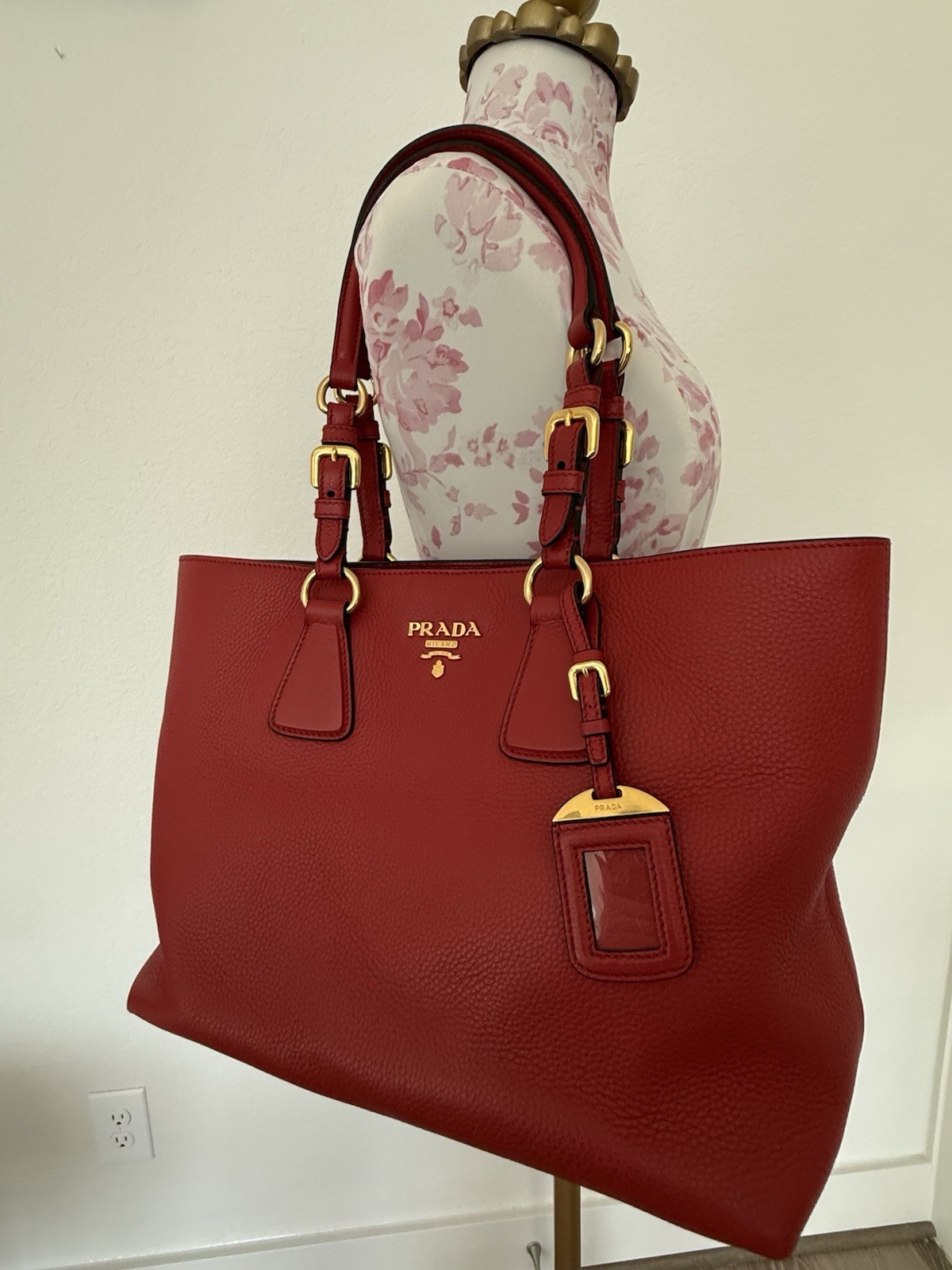 PRADA Red Vitello Phenix Grain Leather Tote with Dust Bag