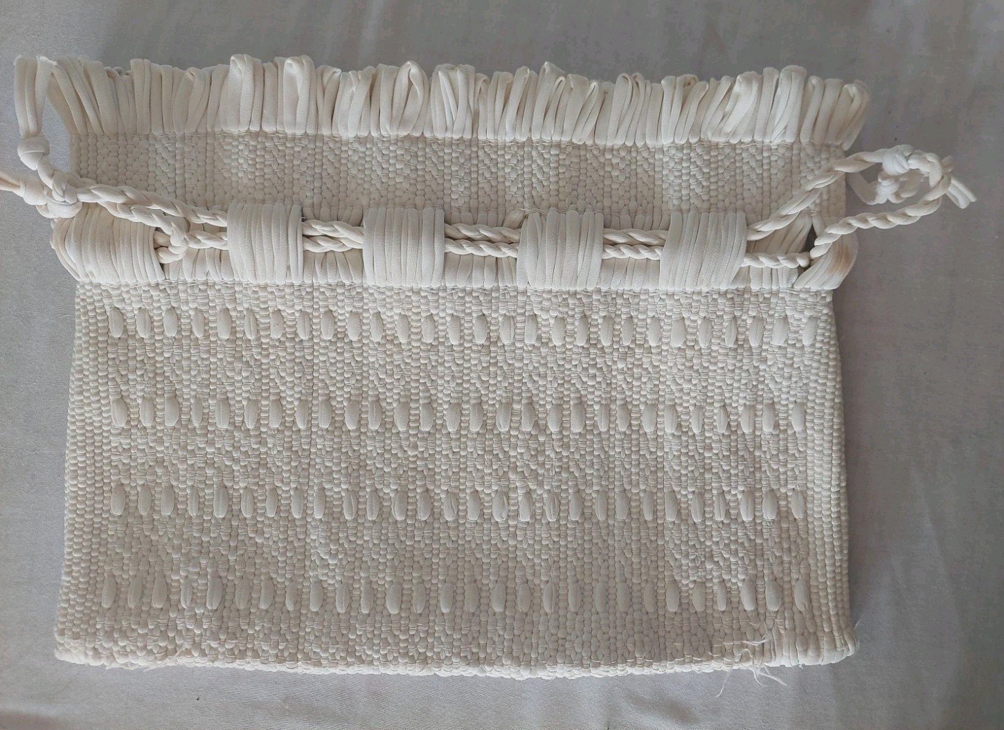 Bridal White Drawstring Silky Nylon Woven Loop Fringe Bucket Purse Vintage Bag