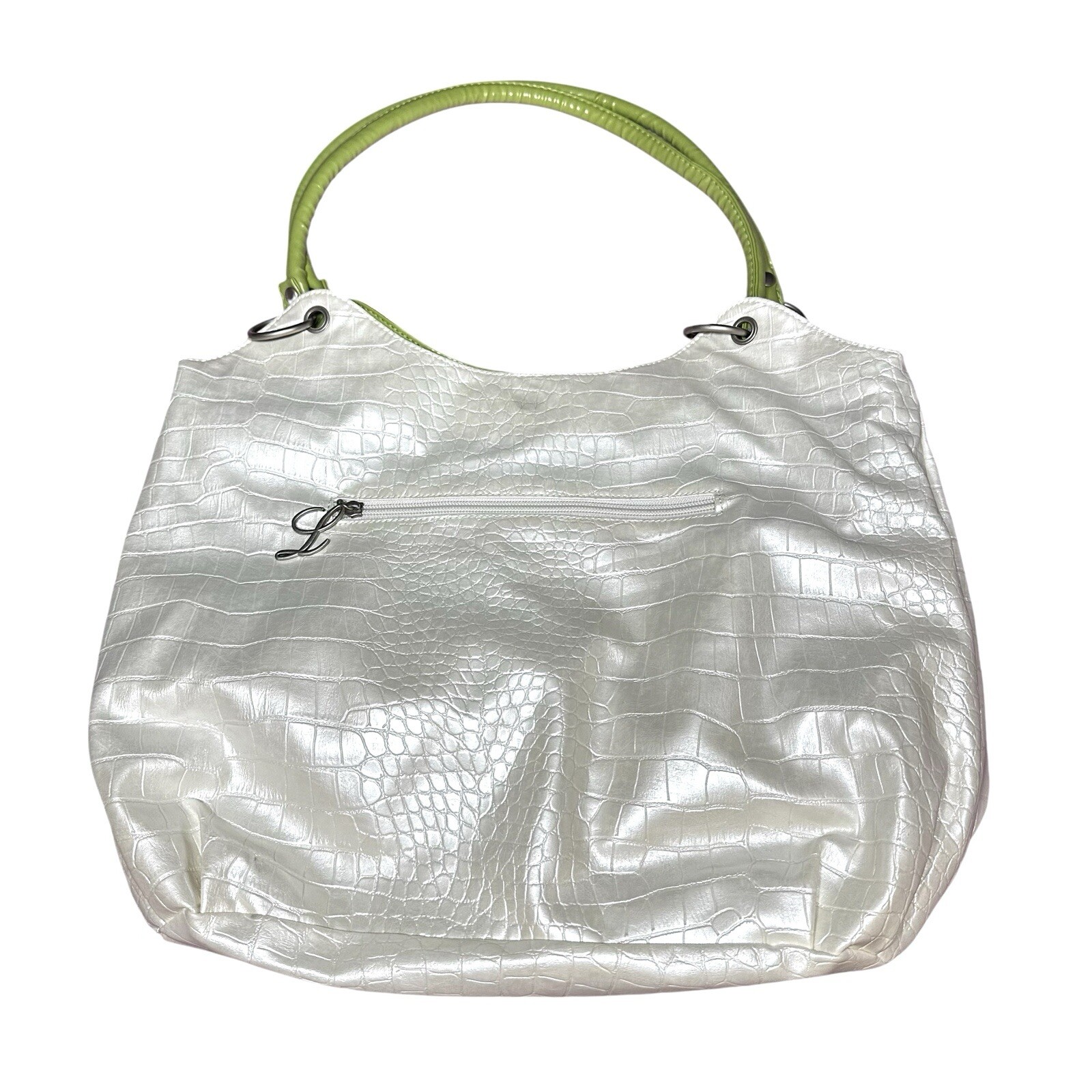 Laila Geir Ness Purse Croc Embossed Pearl Green Reversible Carryall Shoulder Bag