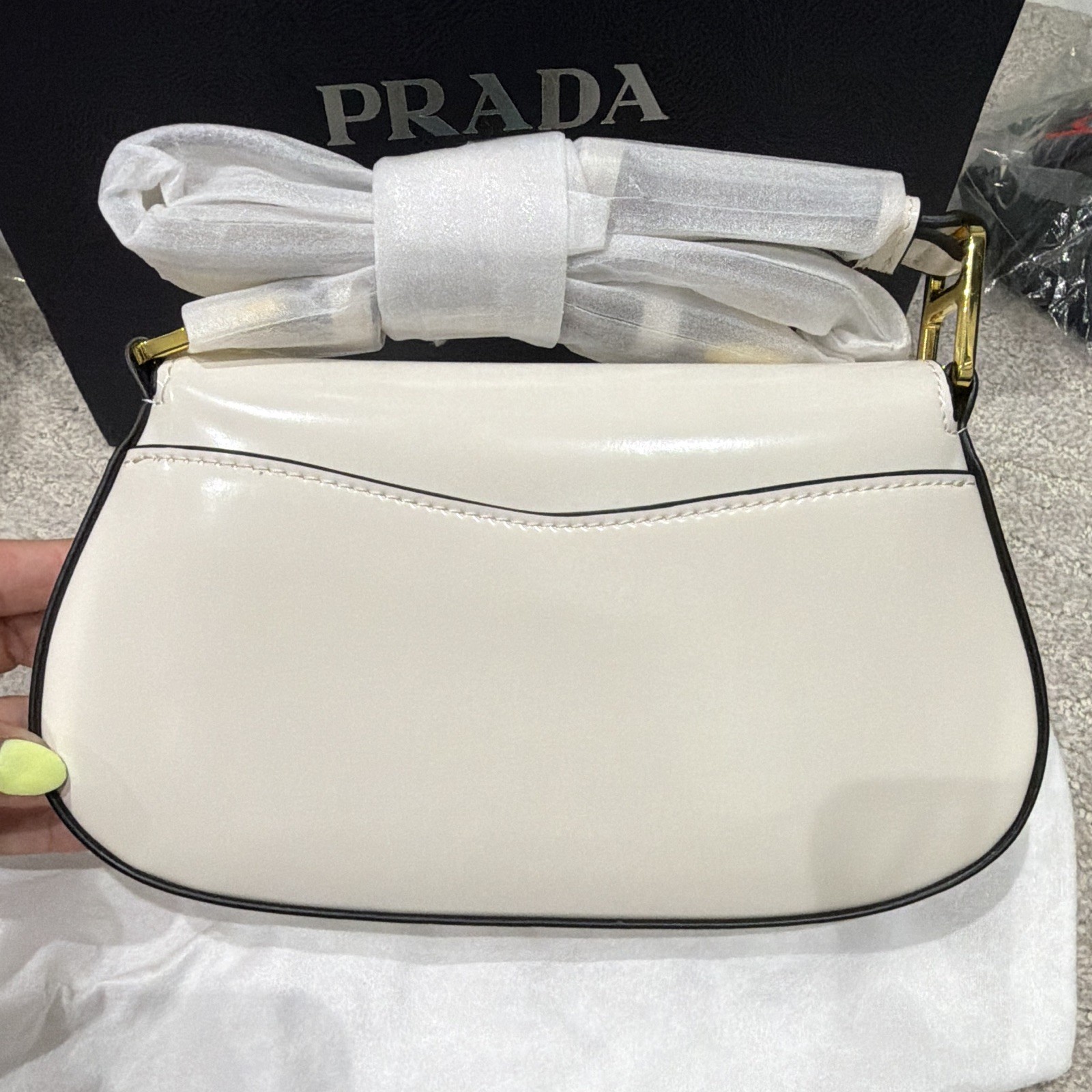 PRADA White Small Top Handle Bag w/ Strap Triangle Logo Gold Hardware, Dust