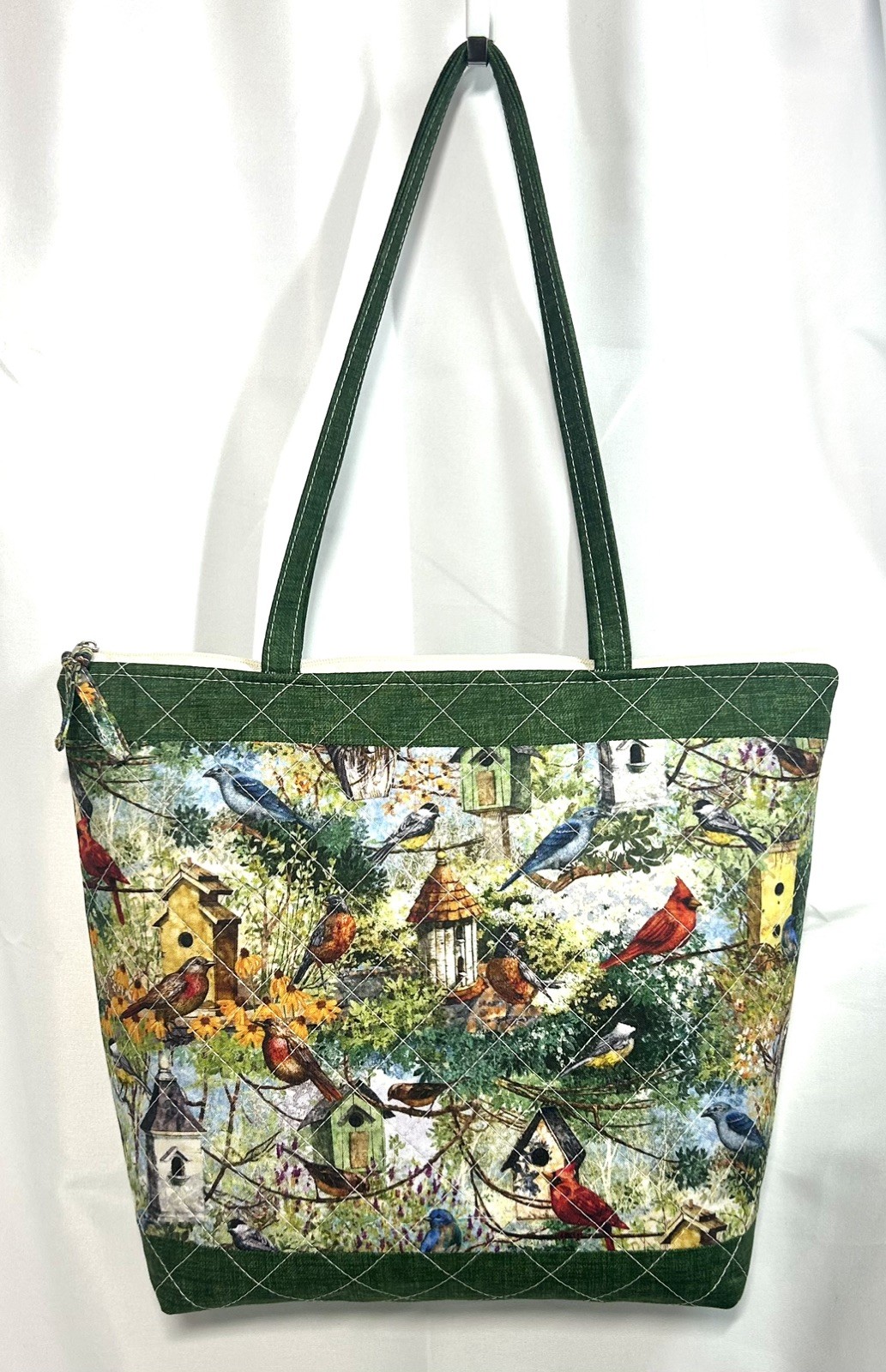 Handmade Quilted North American Birds Purse Bag 11×13” Int Pockets Zip Close