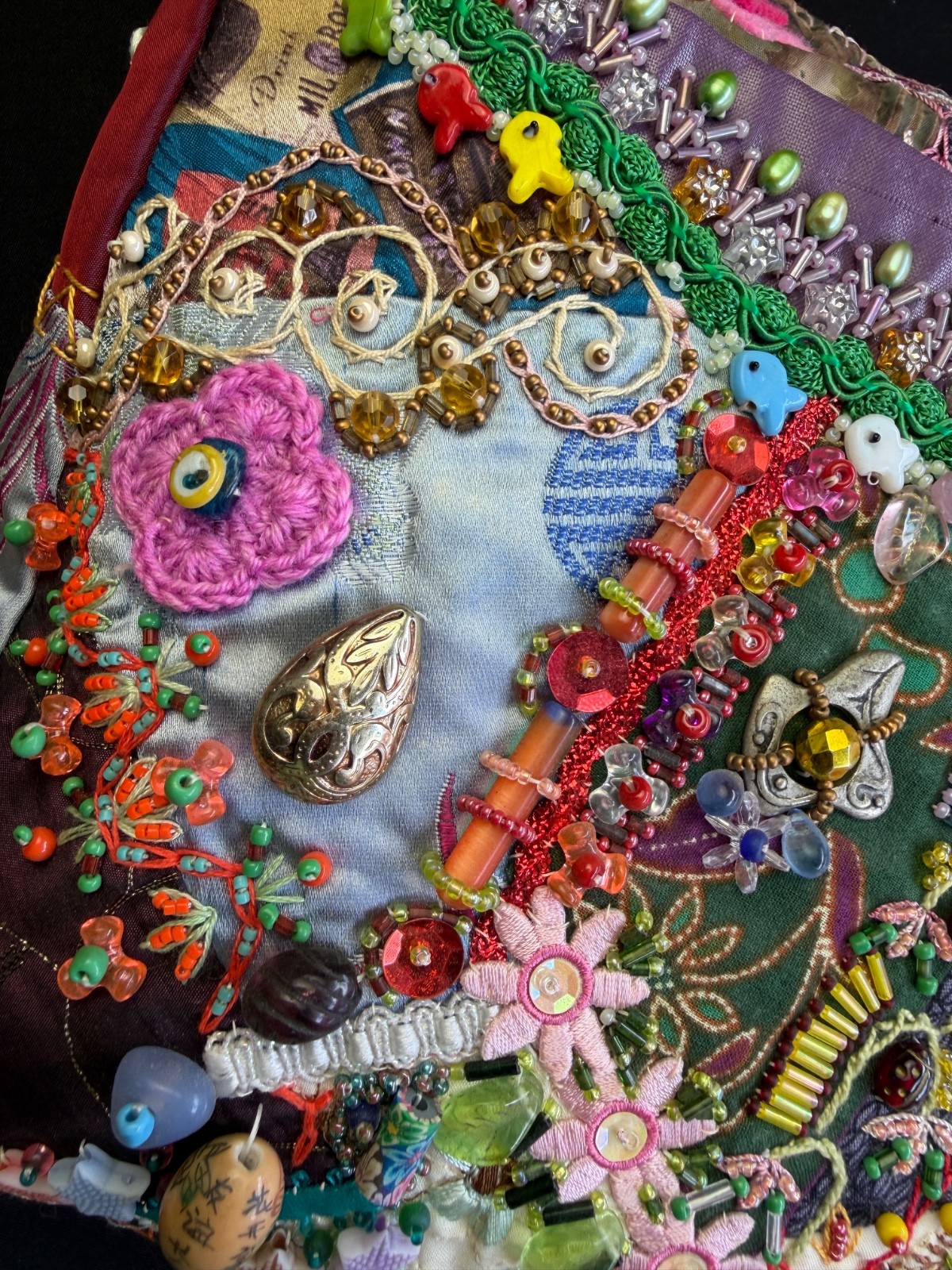 Handcrafted Boho Crazy Quilt Beaded Crossbody Bag Mixed Media Art to Wear Purse