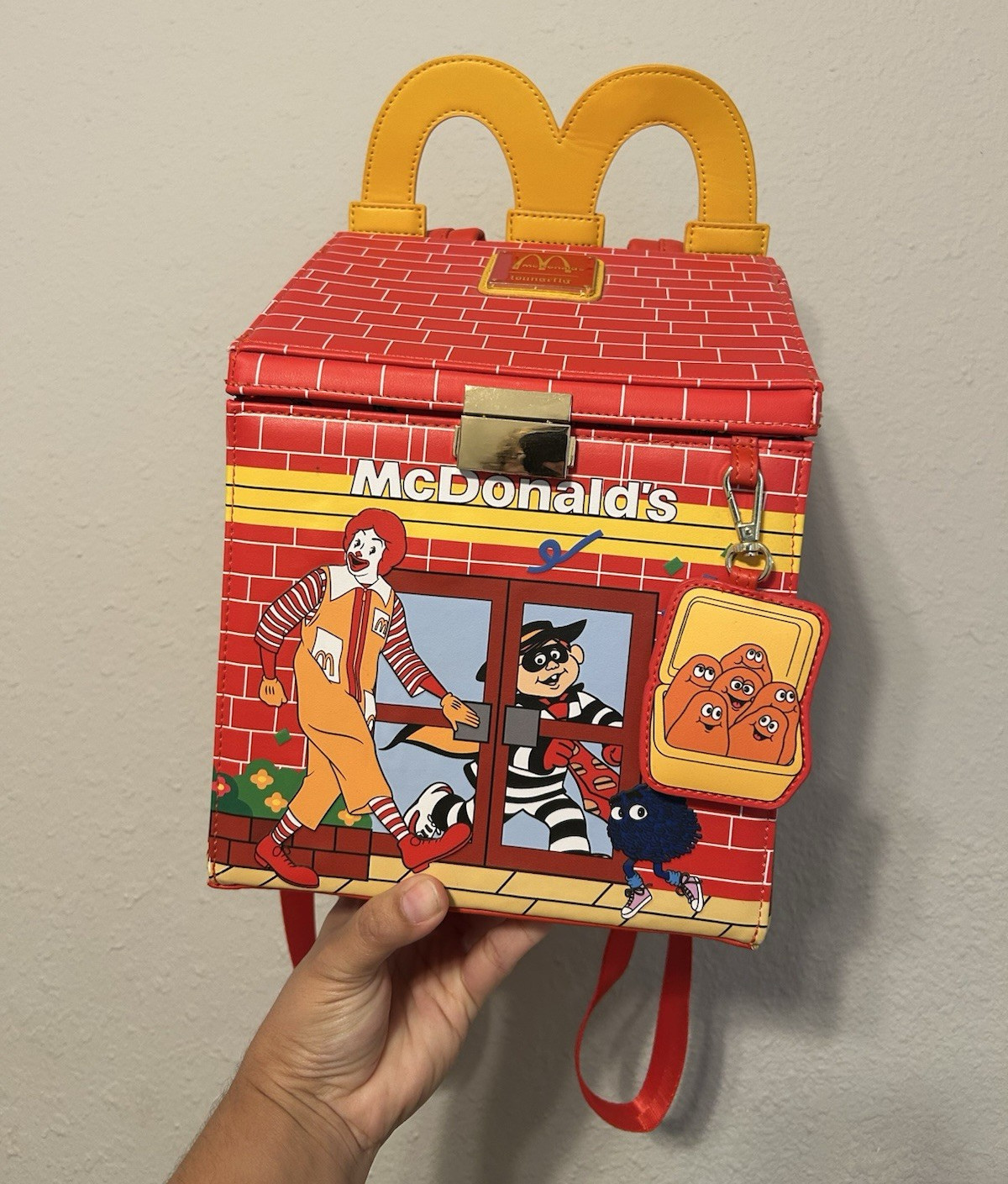 Loungefly McDonald’s Ronald McDonald Mini Backpack Red Brick Box Print Charm
