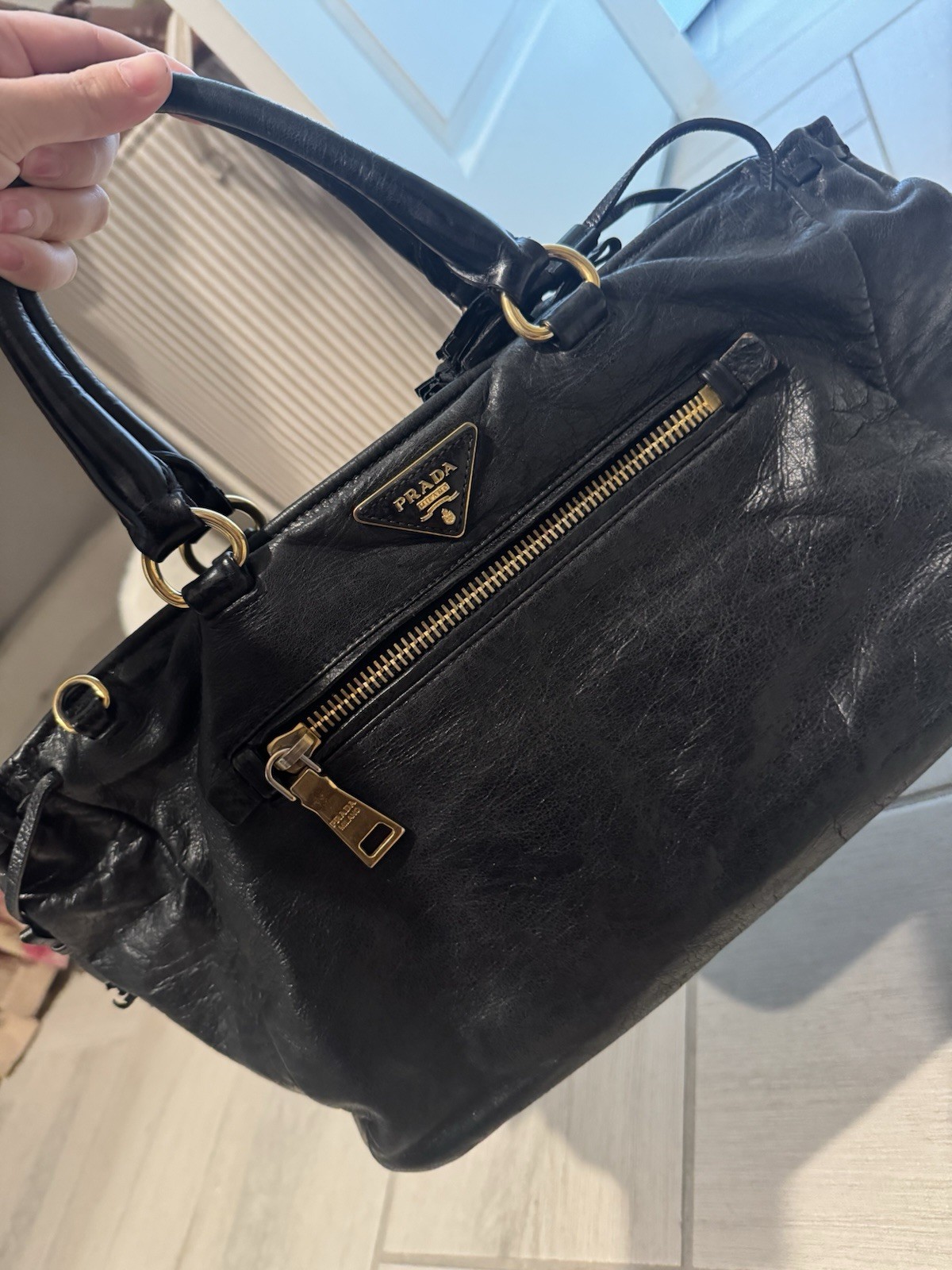 Prada Black Satchel Bag Double Handles Front Zip Pocket Gold Hardware Strap