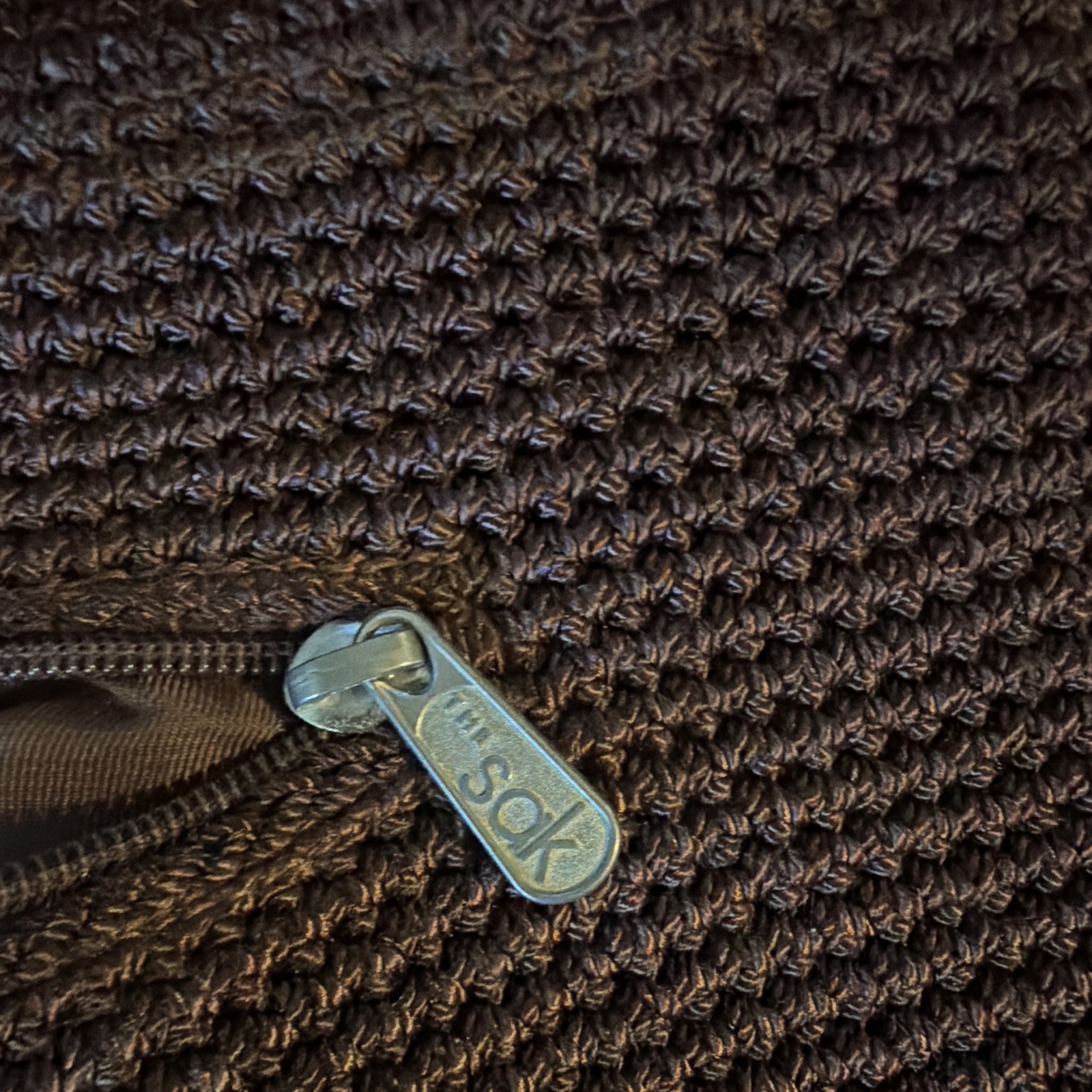 The Sak Womens Brown Solid Crochet Shoulder Bag Zip Lined Pockets Charm
