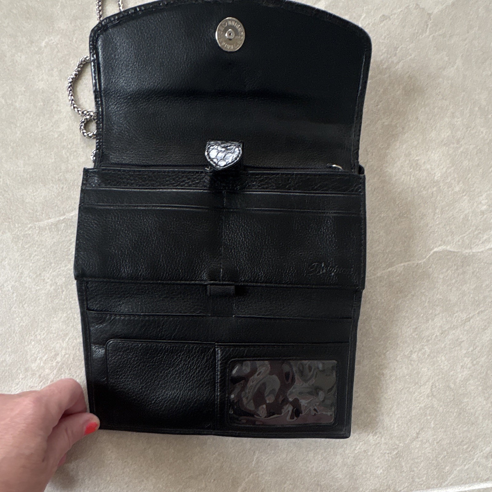 Brighton Black Croc Embossed Crossbody Clutch Chain Strap, Rhinestone Bow