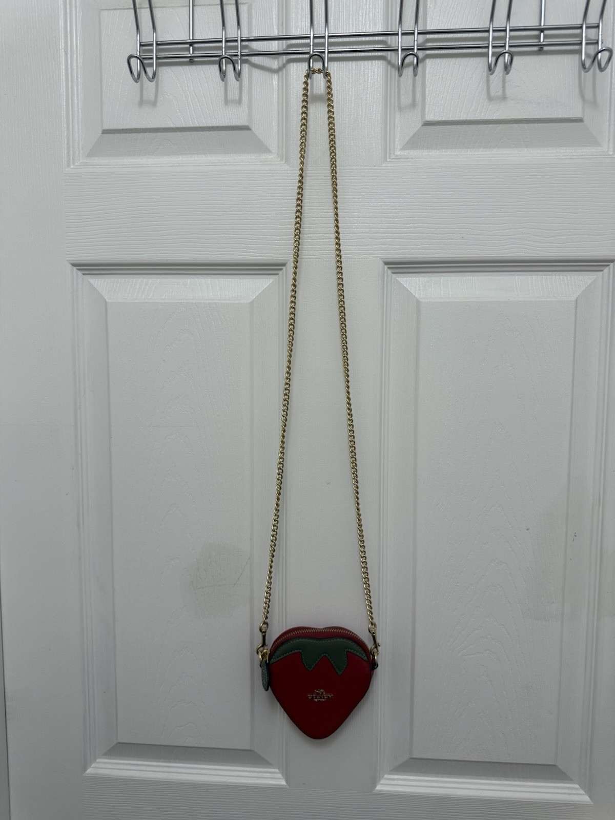Coach Red & Green Leather Strawberry Gold Chain Crossbody Coin Bag Purse