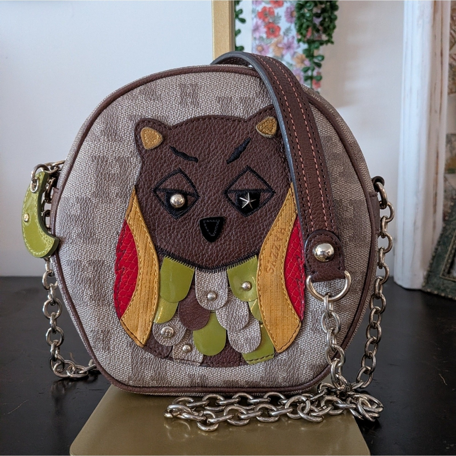 HAZZYS Whimsical Owl Round Crossbody Bag – Monogram Canvas & Leather