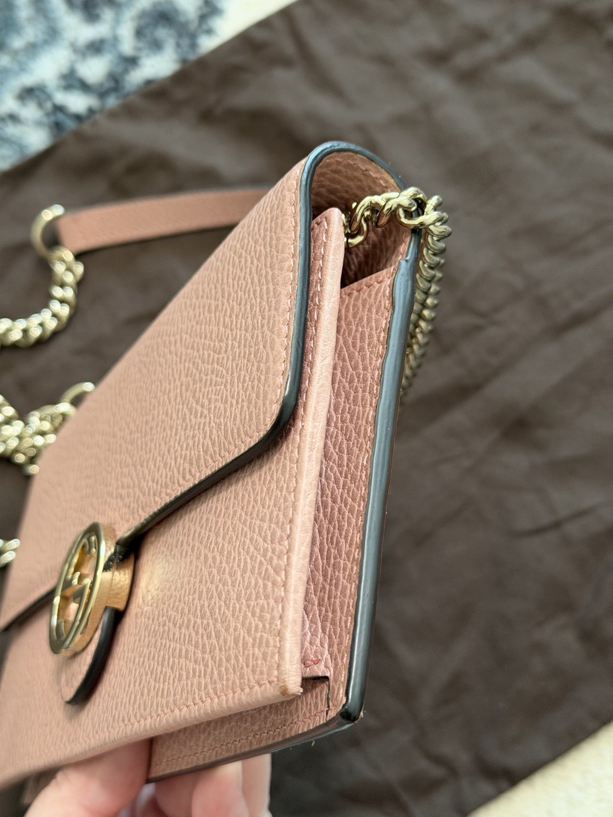 GUCCI Dollar Interlocking G Calfskin Chain Wallet Crossbody Bag Soft Pink