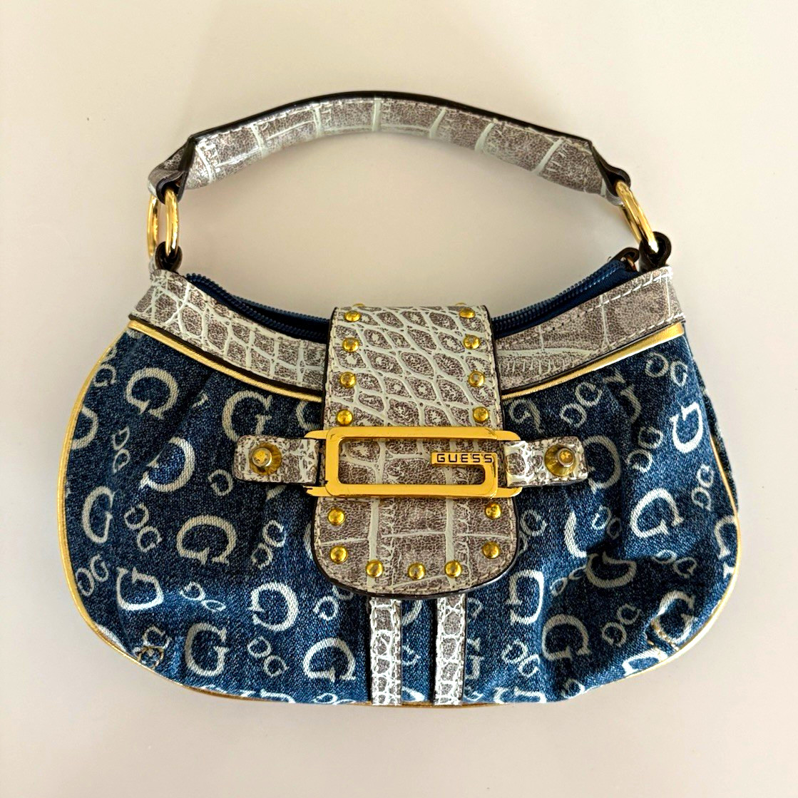 Vintage Y2 GUESS Mini Blue Logo Print Bag w/ Zip Closure + Gold Hardware