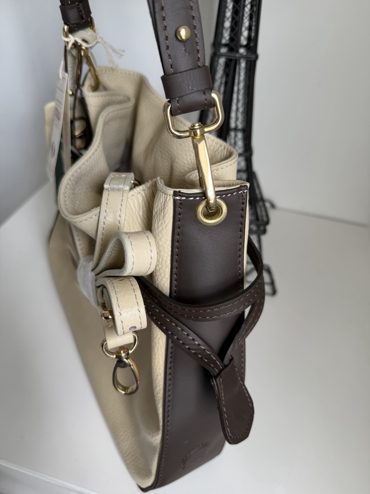 Valentina Pell Italian Leather Drawstring Purse Dark Brown and Cream