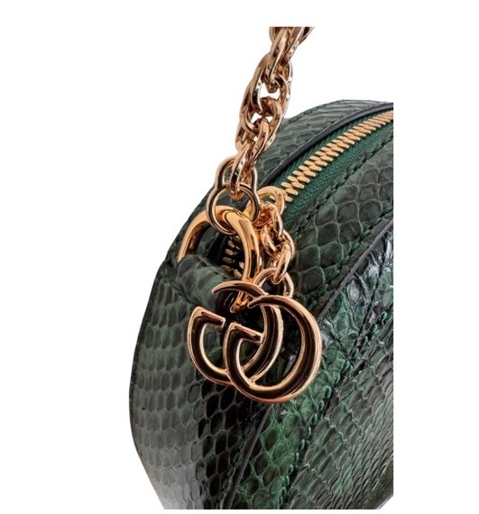 Gucci GG Marmont Green Python Snakeskin Round Crossbody Zip Bag, Gold HW
