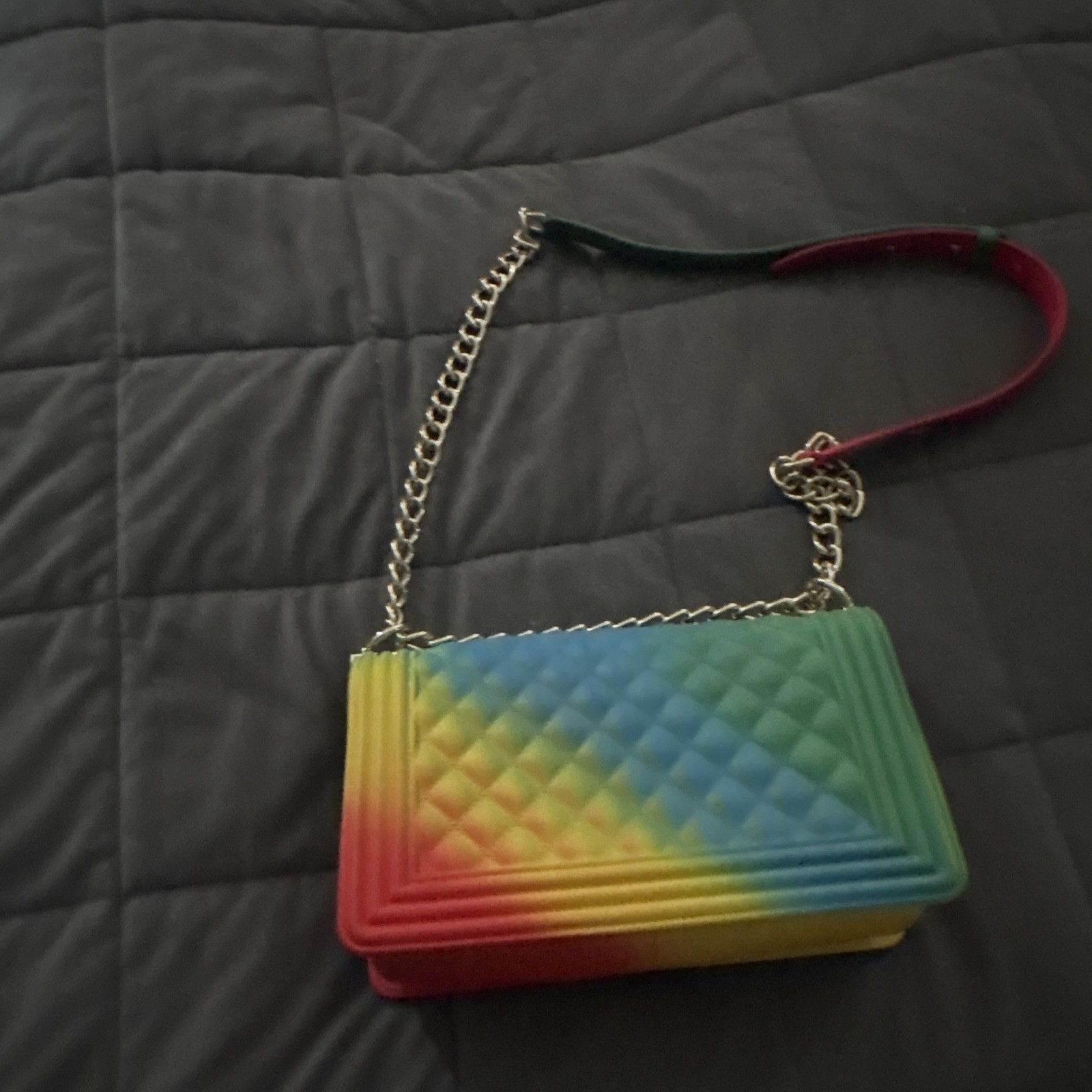 Rainbow Multicolor Quilted Shoulder Bag w/ Chain Strap Turn Lock & Coin Purse